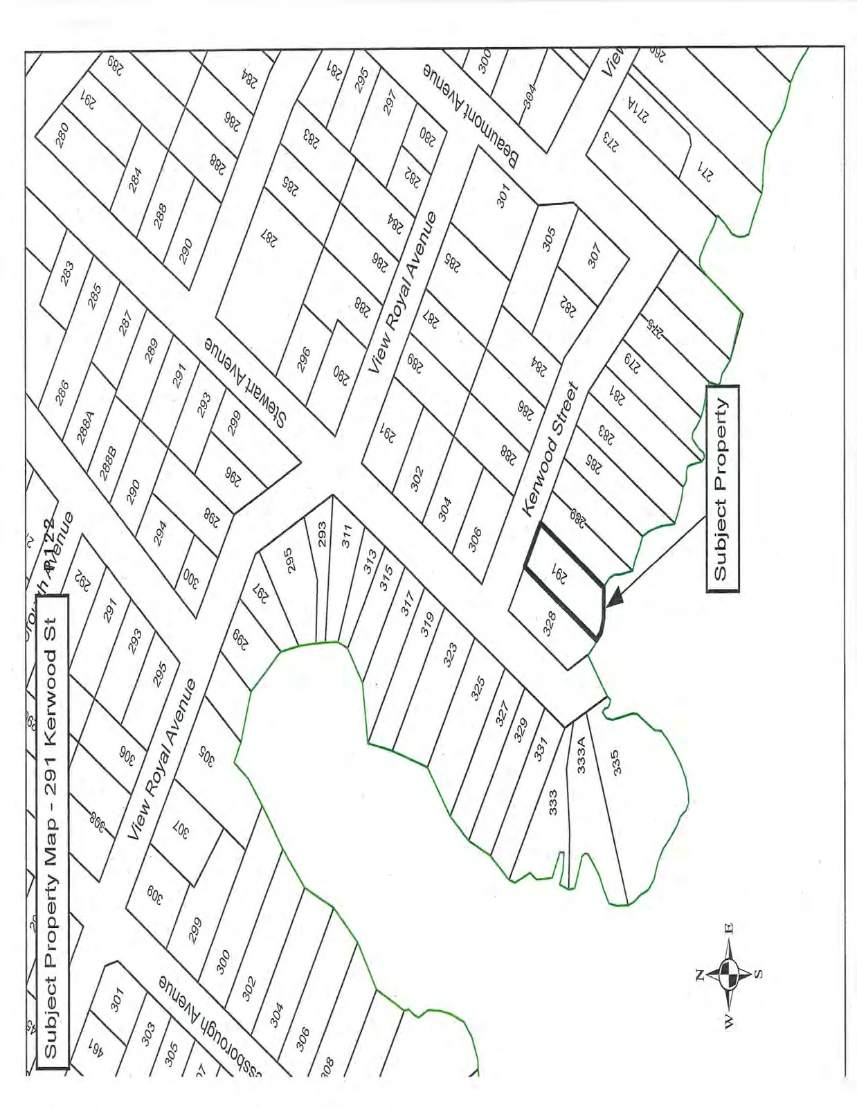 Map showing the subject property at 291 Kerwood Street, including surrounding street names such as View Royal Avenue, Stewart Avenue, Beaumont Avenue, and Hillsborough Avenue, with various lot numbers indicated.
