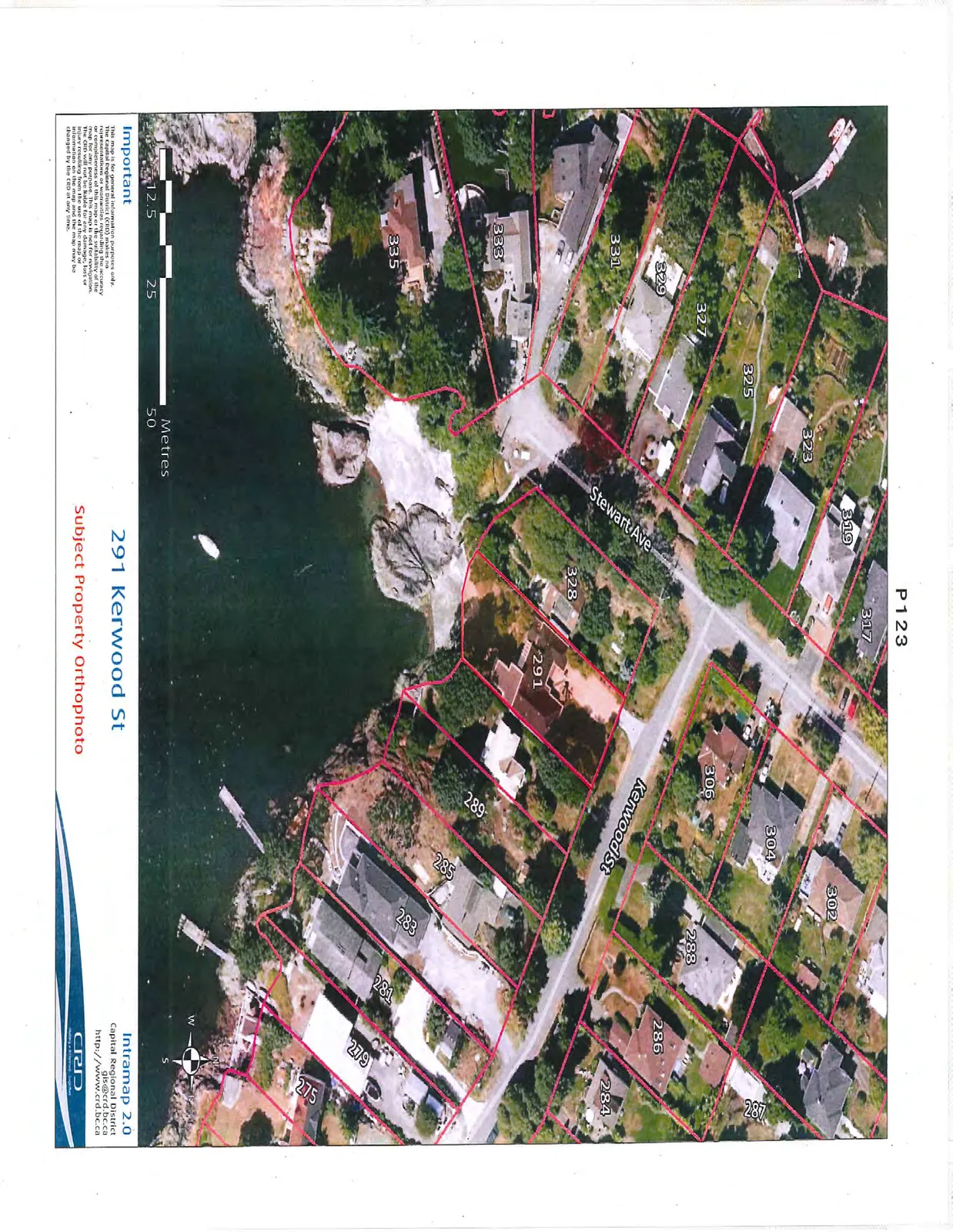 Aerial orthophoto map showing the subject property at 291 Kerwood St and neighboring lots. The map includes property lines, house numbers, street names (Stewart Ave and Kerwood St), a scale in metres, and a north arrow pointing north-east. The property is located adjacent to a body of water.