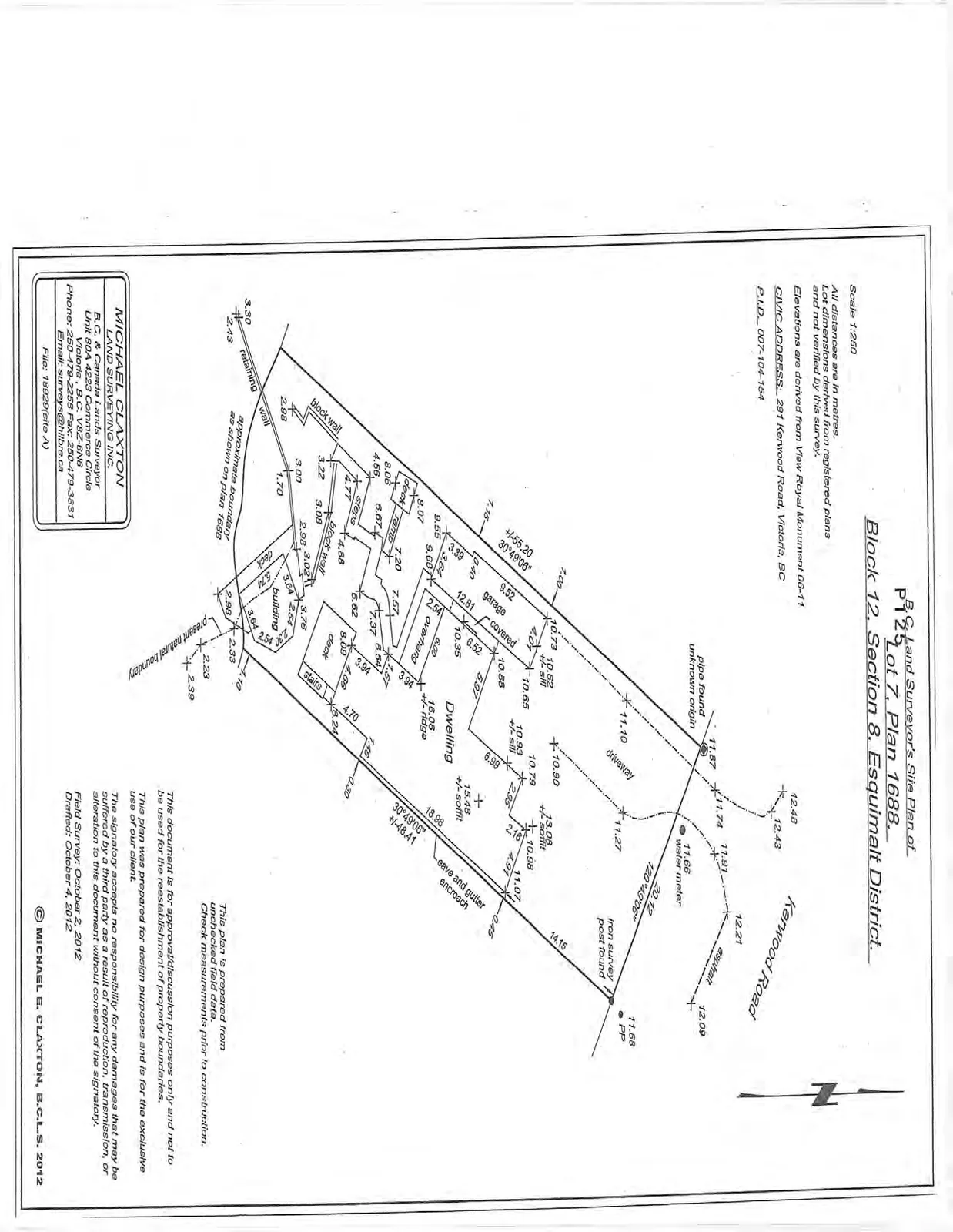 B.C. Land Surveyor's Site Plan of 291 Kenwood Road showing property lines, dwelling, garage, driveway, and topographical elevations