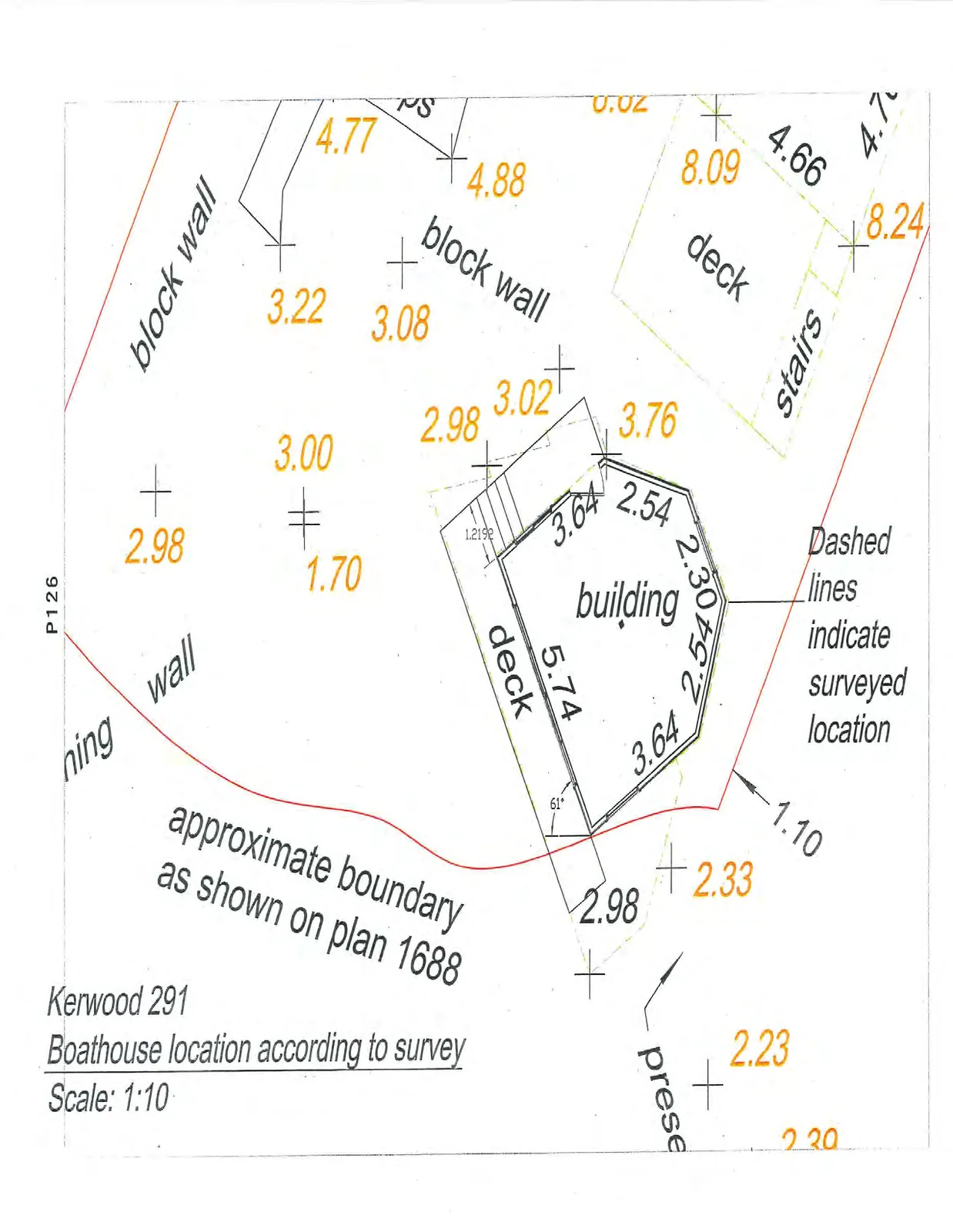 Close-up site plan of the building and deck area near the property boundary