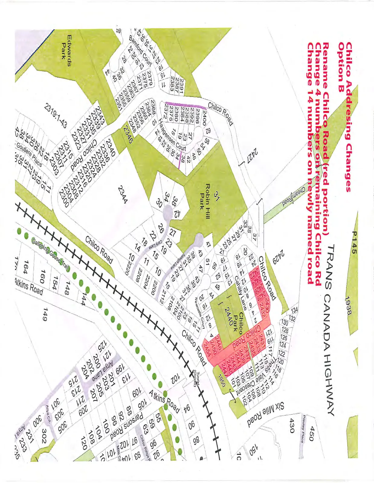Map of Chilco Road area showing proposed changes for Option B, with segments of the road highlighted for renaming and renumbering.