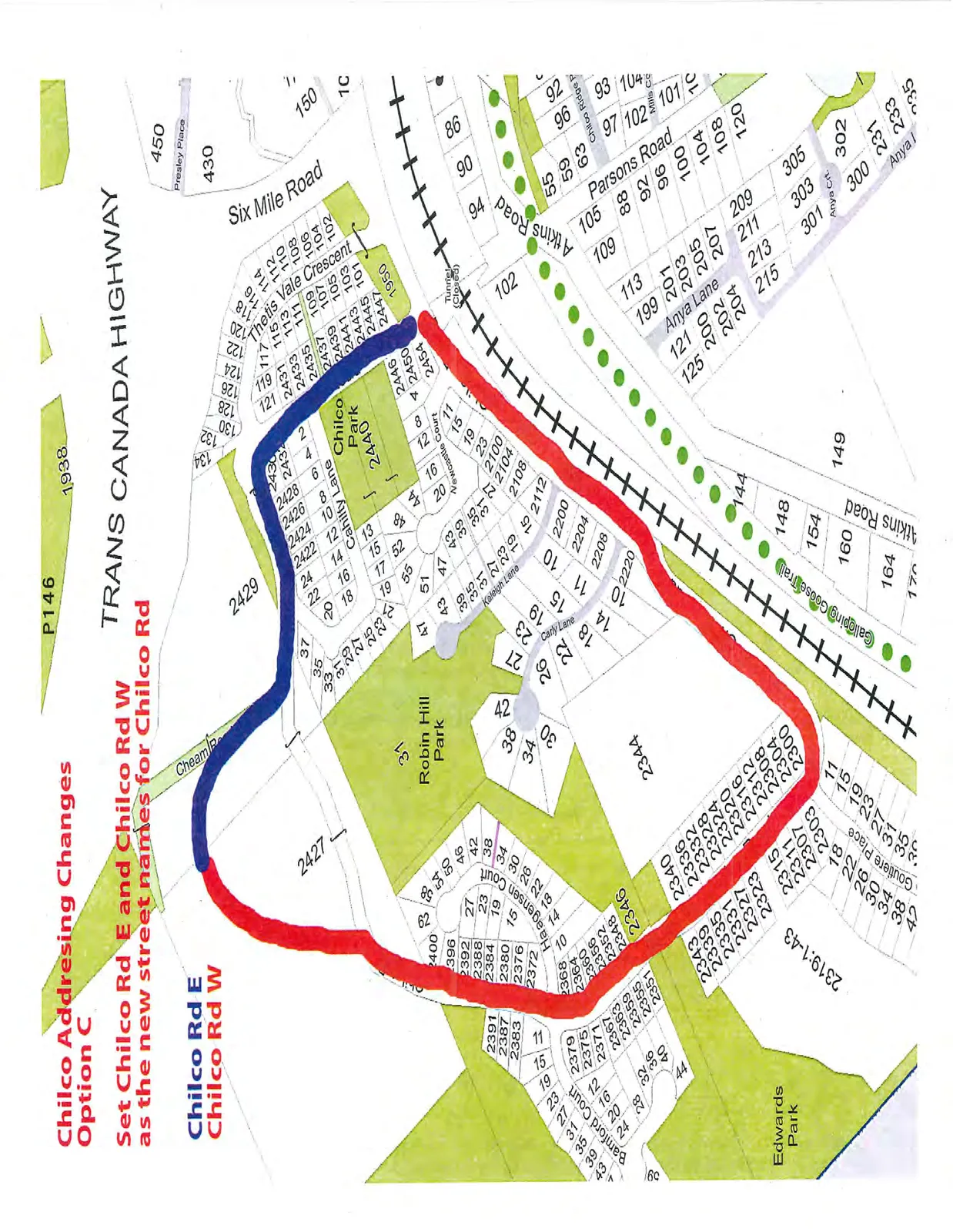 Map of Chilco Road area showing proposed changes for Option C, with segments of the road highlighted in blue for Chilco Rd E and red for Chilco Rd W.