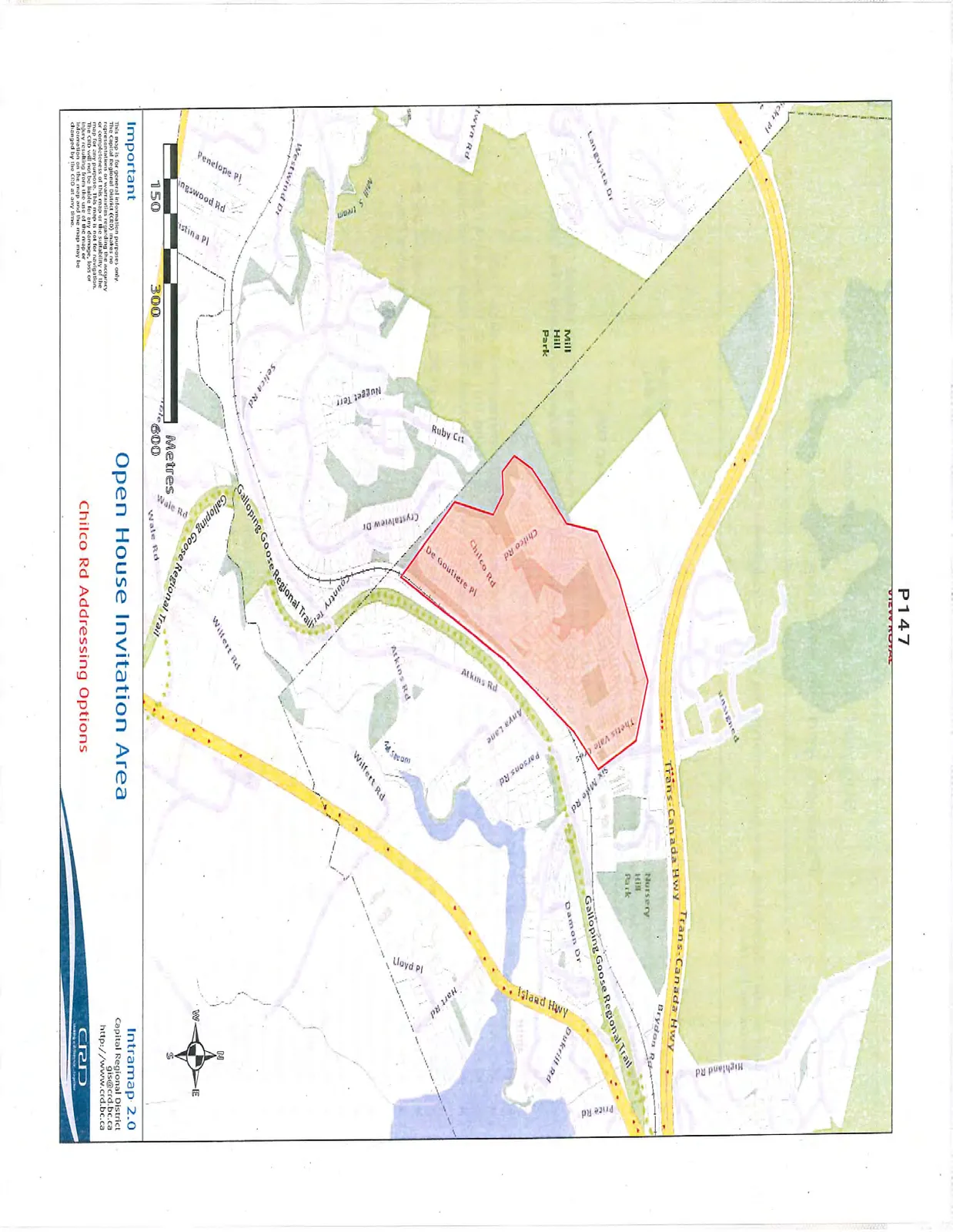 A regional map of View Royal with a central area highlighted in red, titled "Open House Invitation Area" for "Chilco Rd Addressing Options". The map displays local streets such as Chilco Rd, Atkins Rd, and Wilfert Rd, as well as landmarks like Mill Hill Park, Trans-Canada Hwy, Island Hwy, and the Galloping Goose Regional Trail. A scale bar indicates distances of 150, 300, and 600 Metres.