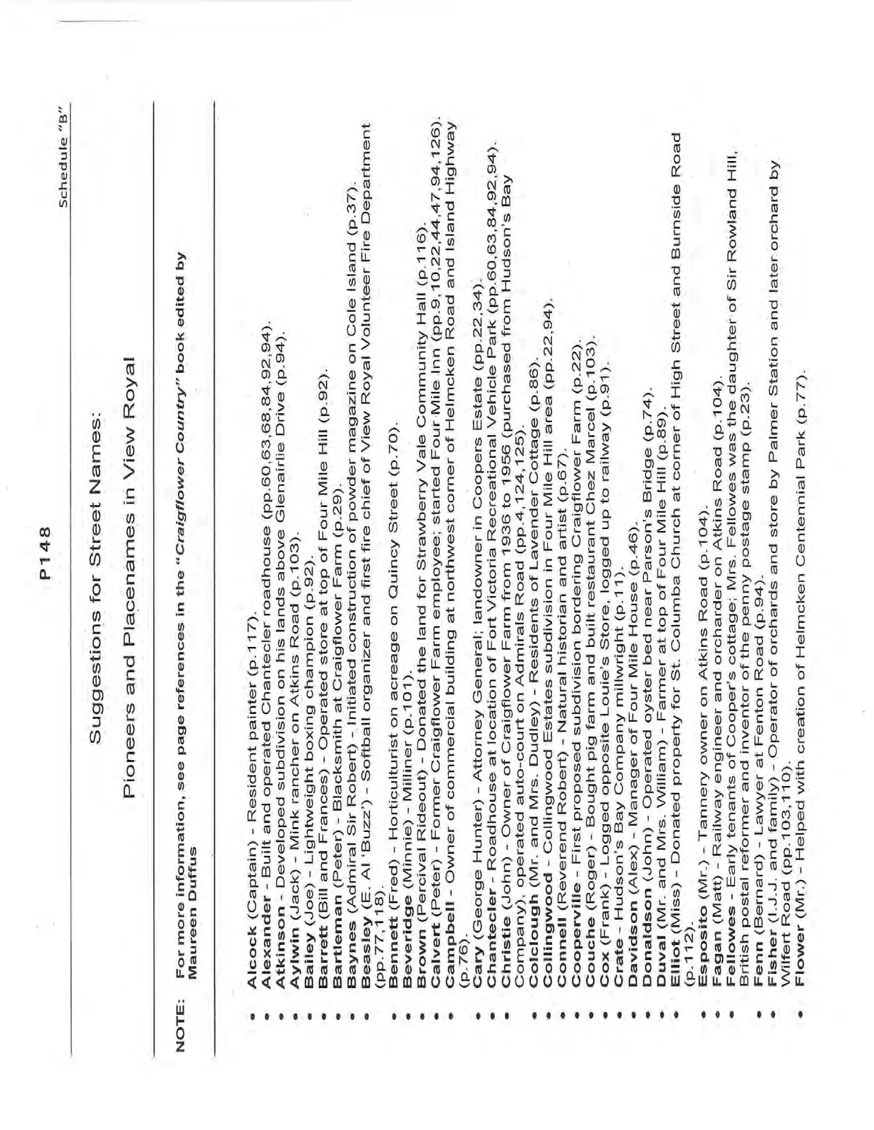 List of suggested street names for View Royal pioneers and placenames, Alcock to Flower