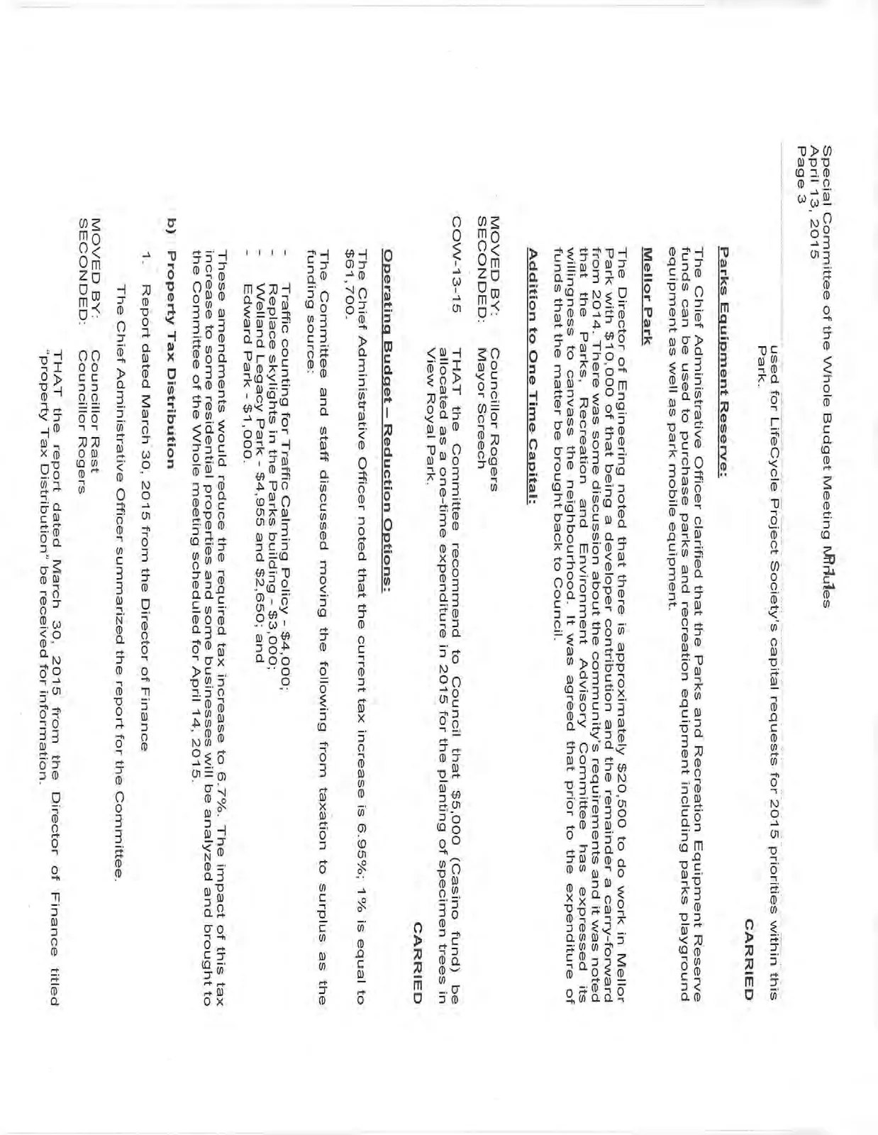 Third page of minutes covering the Parks Equipment Reserve, Mellor Park discussions, and Operating Budget reduction options.