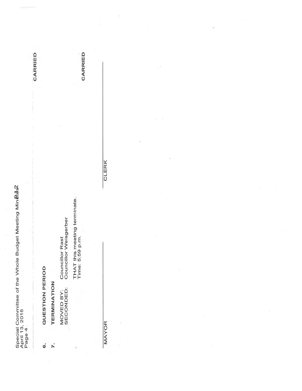 Final page of minutes showing the motion to terminate the meeting.