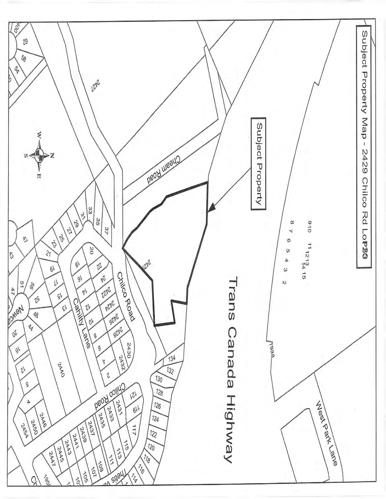 Subject Property Map showing the location of 2429 Chilco Road, bounded by the Trans Canada Highway to the north and east, Cheam Road to the west, and Chilco Road to the south.
