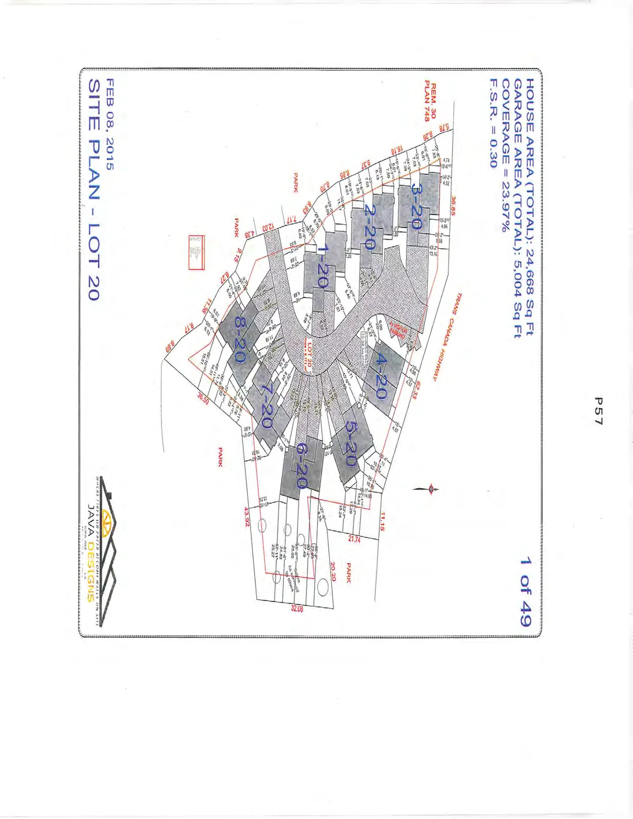Site plan for Lot 20 showing building units 1-20 through 8-20, parking areas, and adjacent park land, situated south of the Trans Canada Highway.