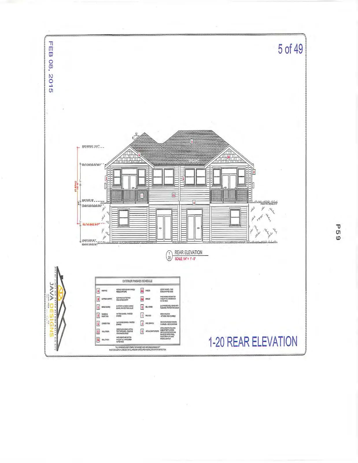 1-20 Rear Elevation showing two stories with balconies and multiple sets of windows and doors.
