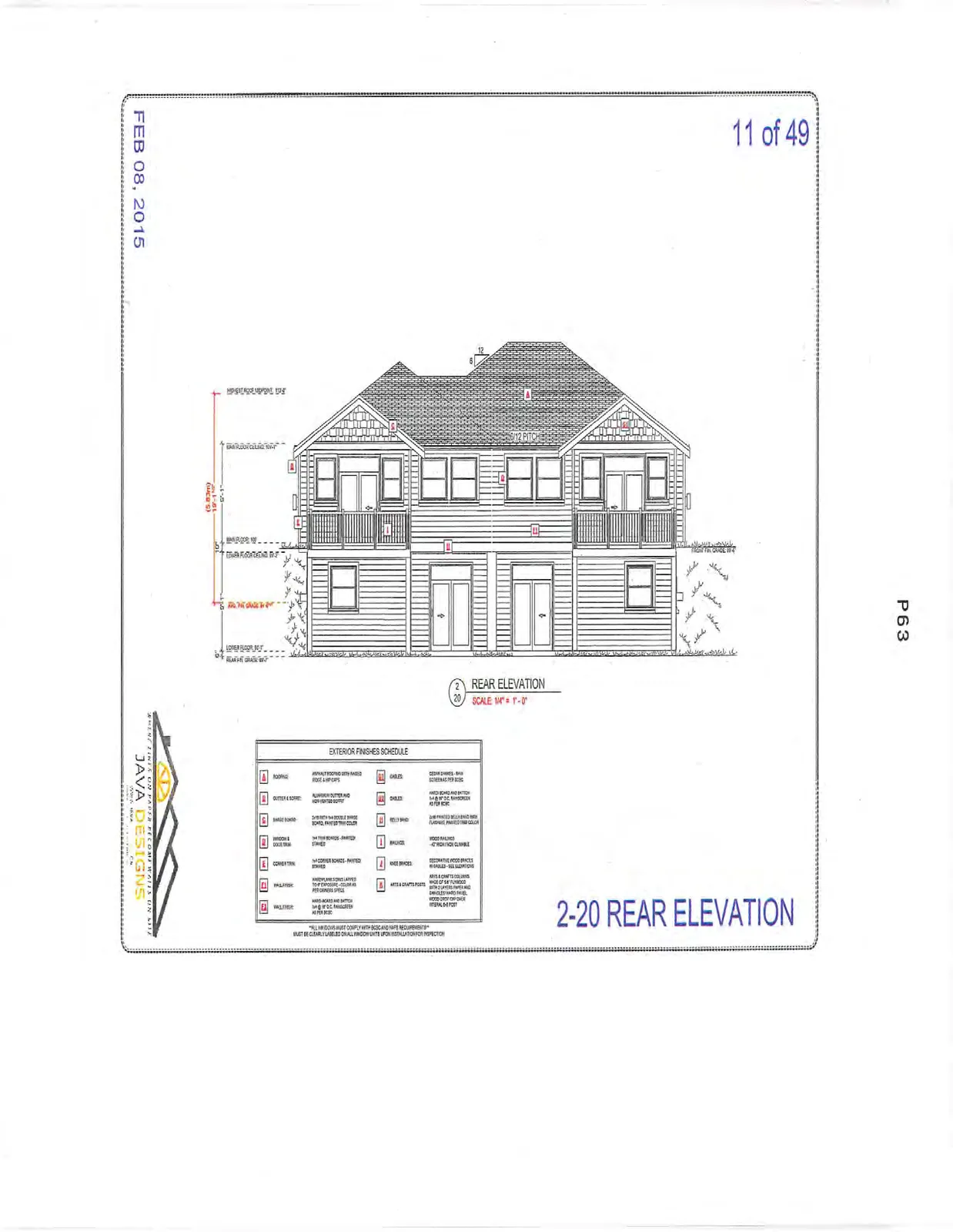 2-20 Rear Elevation showing the two-story back view with upper balconies.