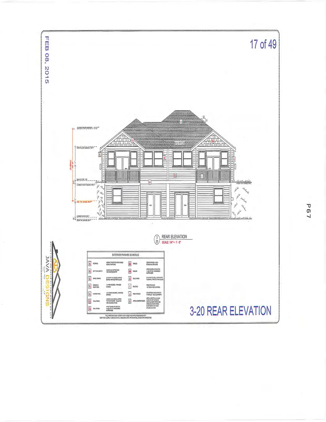 3-20 Rear Elevation showing two-story residential design with balconies.
