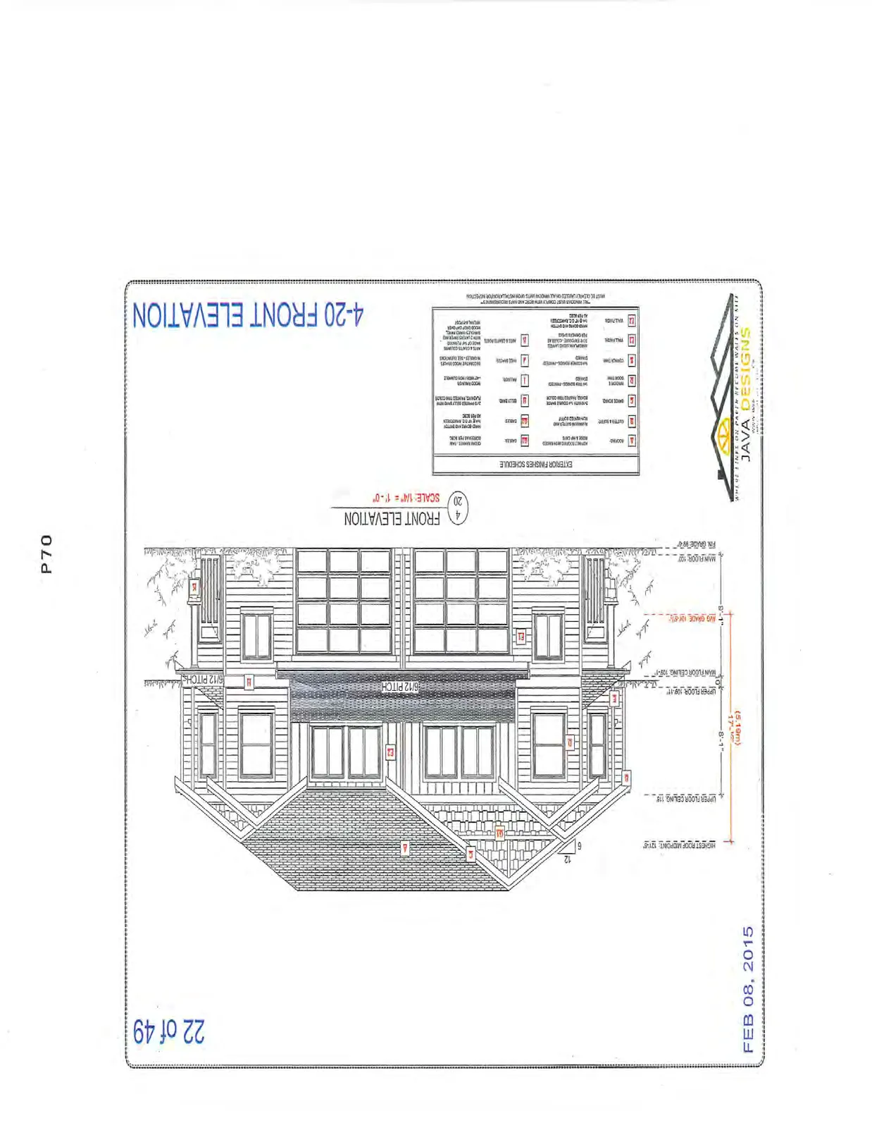 4-20 Front Elevation showing staggered roof lines and garage doors.