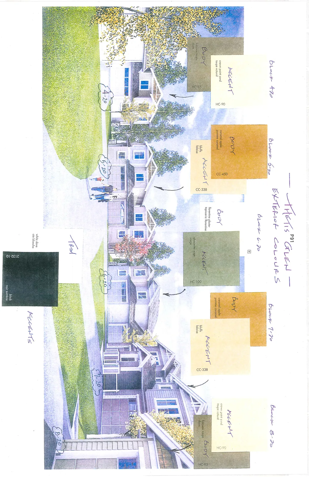 Architectural rendering of houses labeled Block 4-20 through Block 8-20, featuring exterior paint color swatches for body and accent colors.