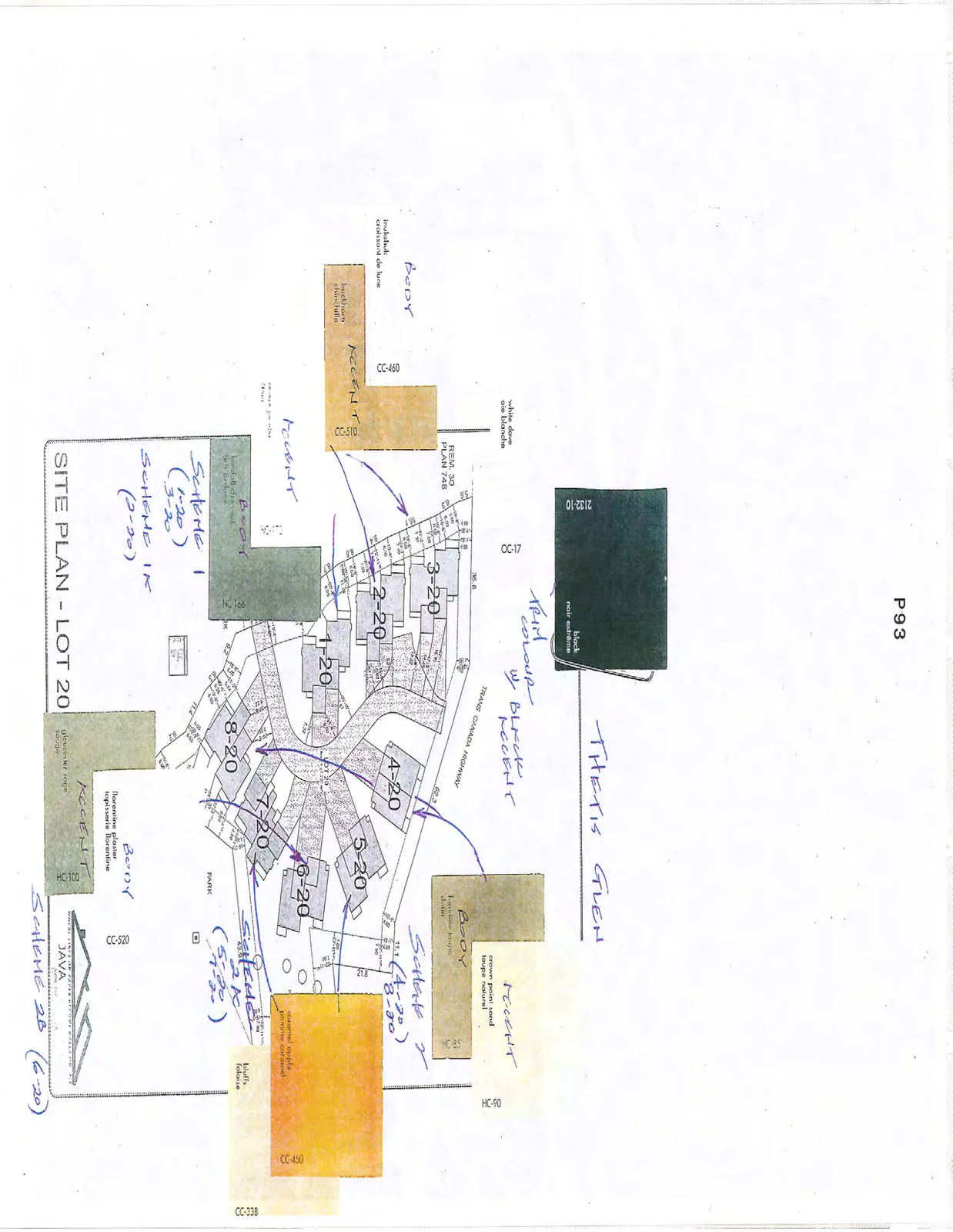 Development site plan for Lot 20 indicating the distribution of paint schemes across lots 1-20 through 8-20, with corresponding color swatches and annotations.