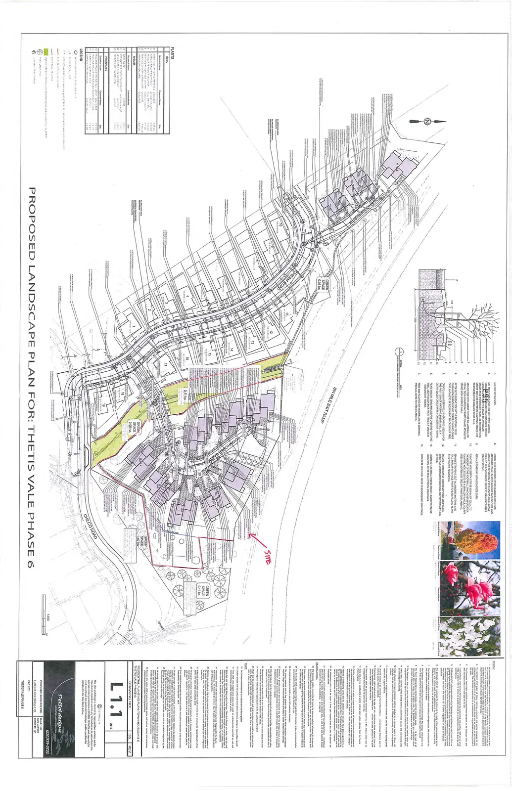 Overall proposed landscape plan showing townhouse locations, roads (Townhouse East, Chilco Road), designated green spaces, plant lists, and general notes.