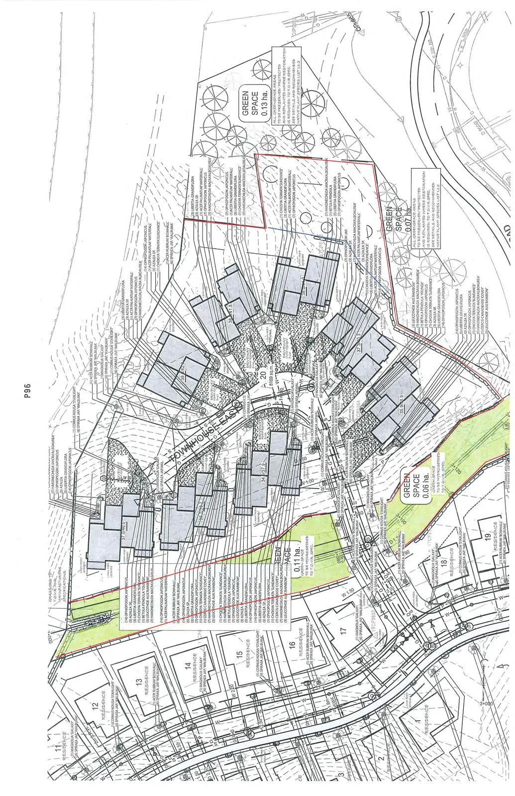Enlarged detail of the site plan focusing on residences 11 through 20 and designated Green Space areas (0.11 ha, 0.08 ha, 0.13 ha, and 0.07 ha).
