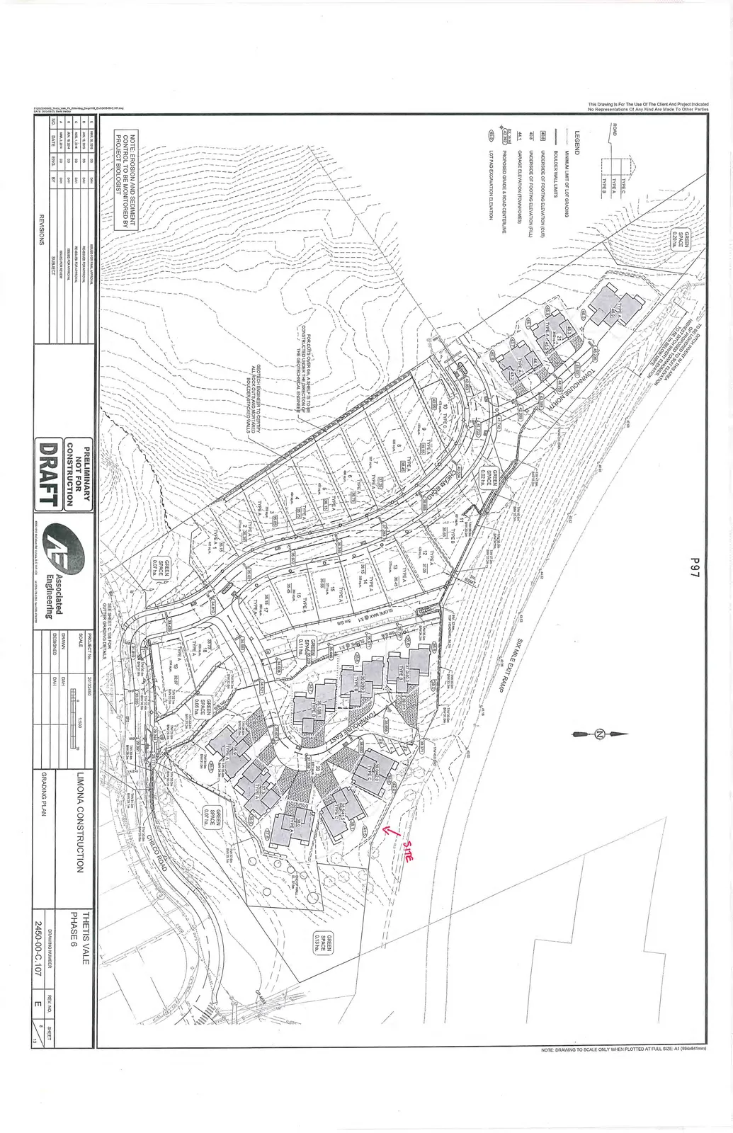 Detailed grading plan for Thetis Vale Phase 6, showing residential lot layouts for townhouses and single-family homes, road networks (Chean Road, Chilco Road, Townhouse North, Townhouse East), elevation contours, and designated green spaces.