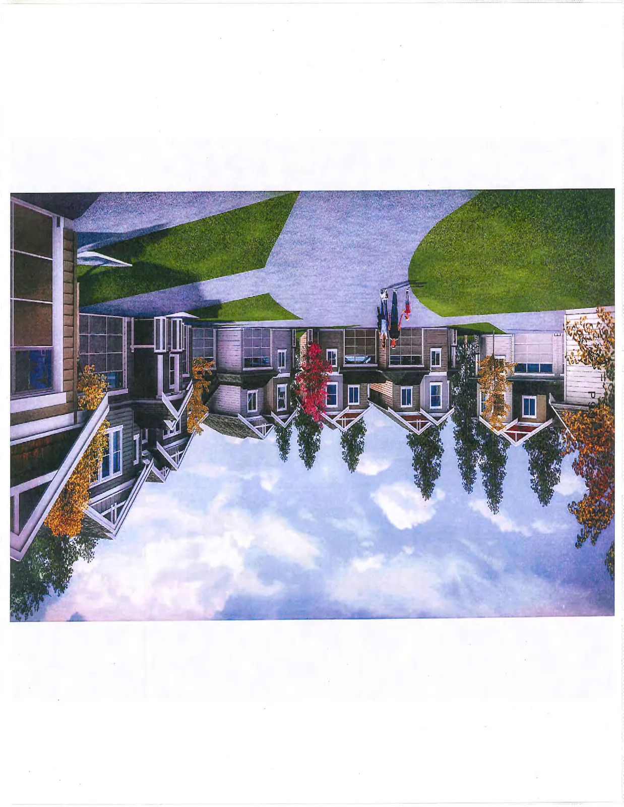 Architectural rendering of a row of modern two-story houses with gabled roofs, siding, and garages, featuring autumn trees and a family walking in the driveway area.