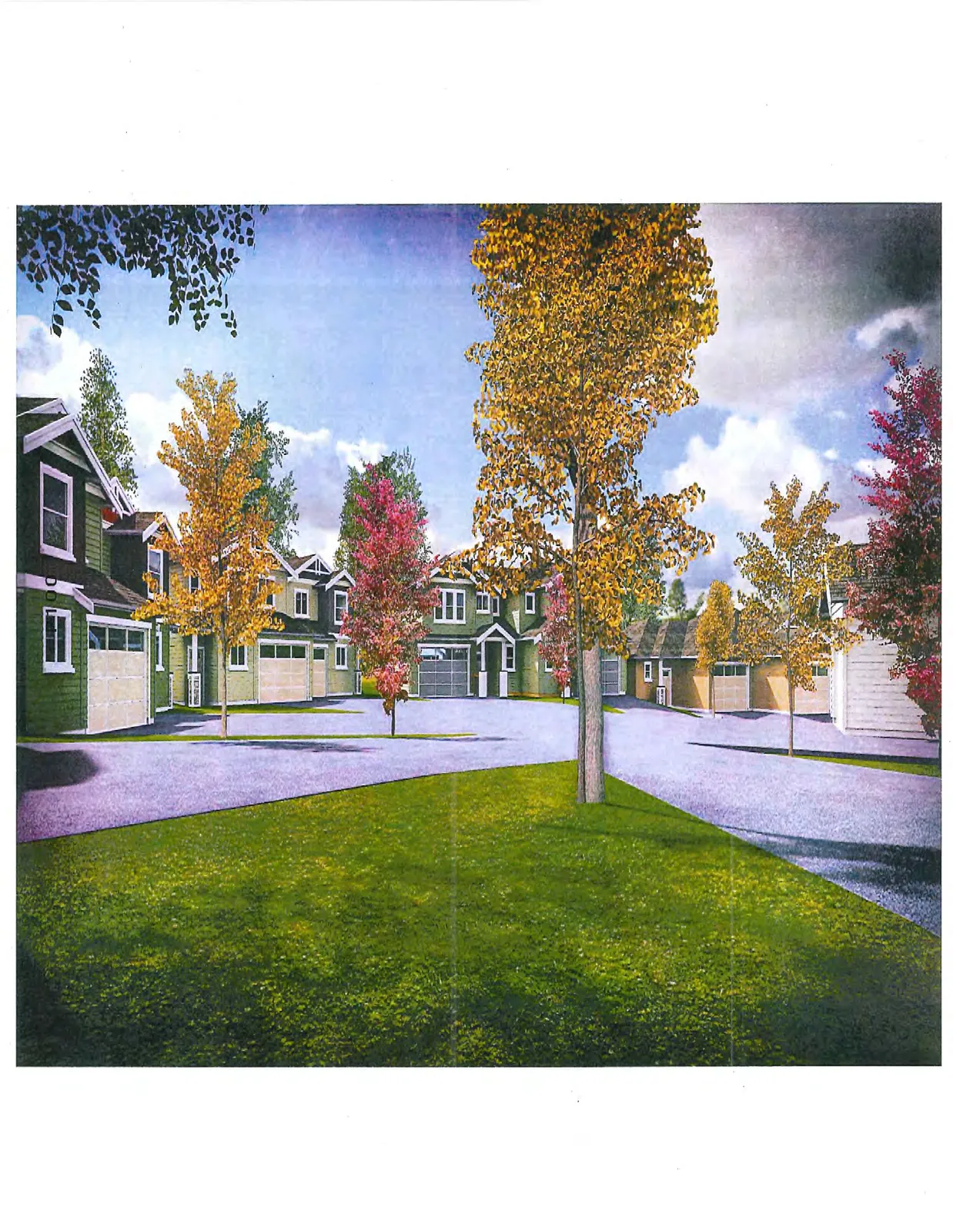 Architectural rendering showing a different perspective of the housing development with green and yellow-sided houses, a large foreground lawn, and various trees with fall foliage.