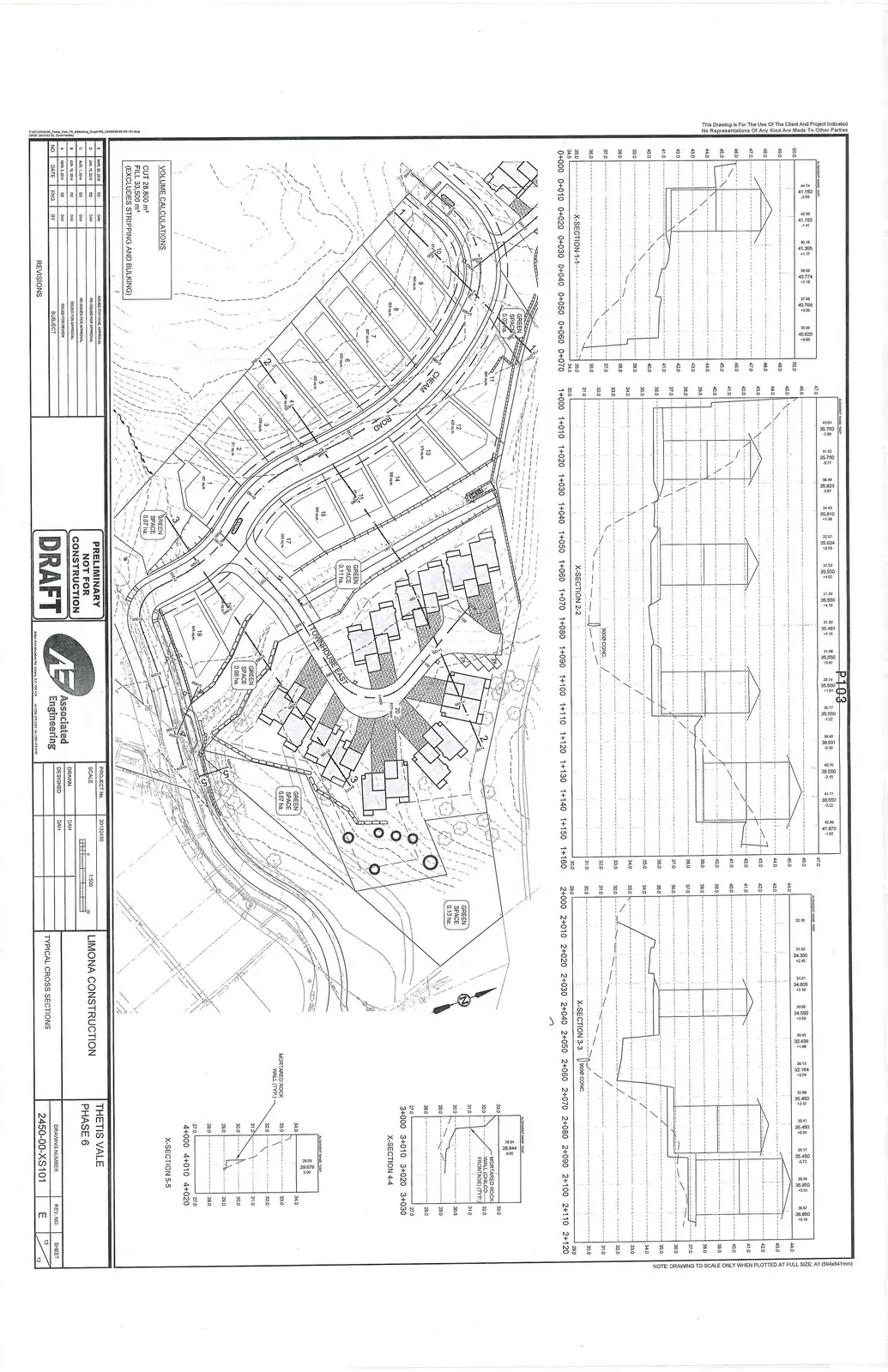 Engineering charts for X-Section 1-1, X-Section 2-2, X-Section 3-3, X-Section 4-4, and X-Section 5-5 showing terrain elevation, proposed building profiles, and mortared rock walls.