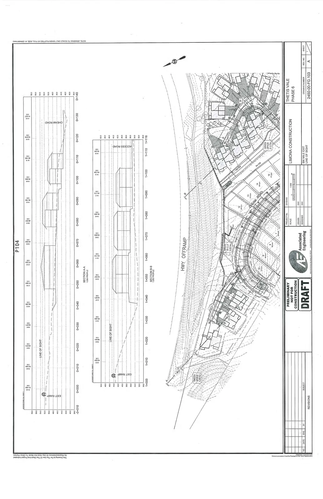 Engineering profiles for Section A-A and Section B-B, illustrating the line of sight relative to an exit ramp, Cheam Road, and an access road.