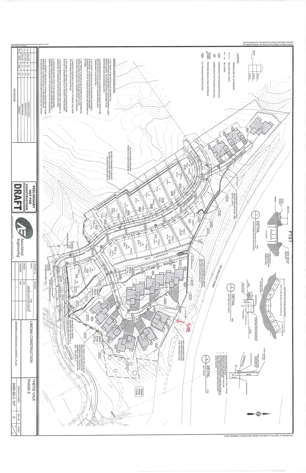Comprehensive site plan showing grading and erosion control measures for Thetis Vale Phase 6, including lot numbers 1 through 21, Cheam Road, Townhouse North, Townhouse East, and Chilco Road.