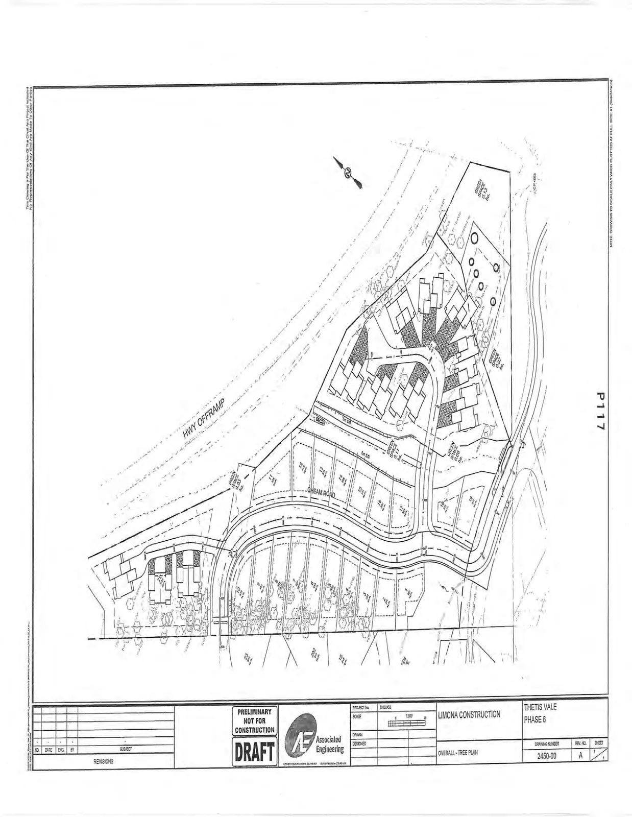 Overall Tree Plan drawing (Number 2450-00, Rev A) titled "LIMONA CONSTRUCTION, THETIS VALE PHASE 6, OVERALL - TREE PLAN" showing building footprints, Cheam Road, and tree inventory locations.