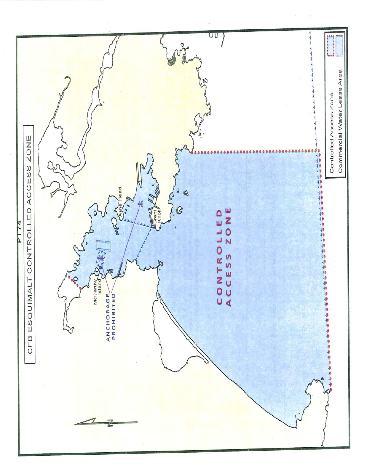 Map of the CFB Esquimalt Controlled Access Zone showing shaded water areas, geographic landmarks, and restricted zones.