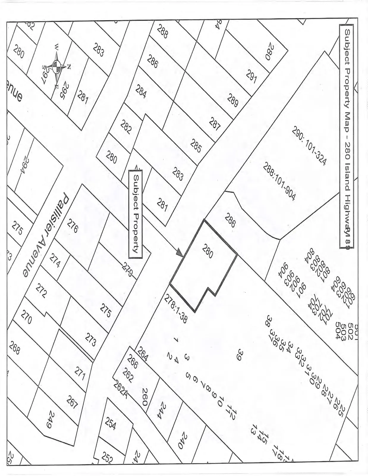 Parcel map showing the subject property at 280 Island Highway and surrounding lots including addresses along Island Highway and Pallisier Avenue.