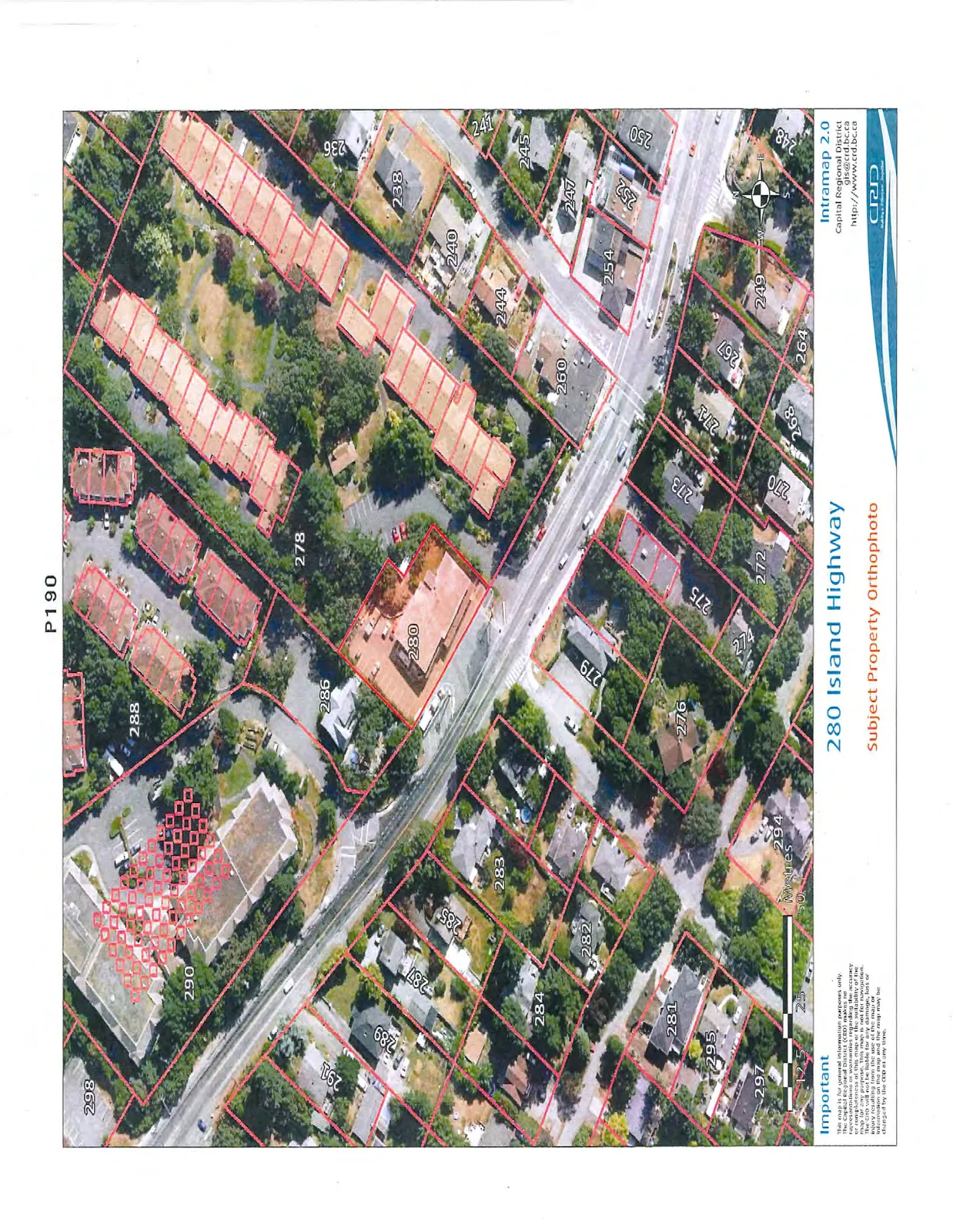 Aerial orthophoto of 280 Island Highway and surrounding neighborhood with red property boundary overlays and address labels.