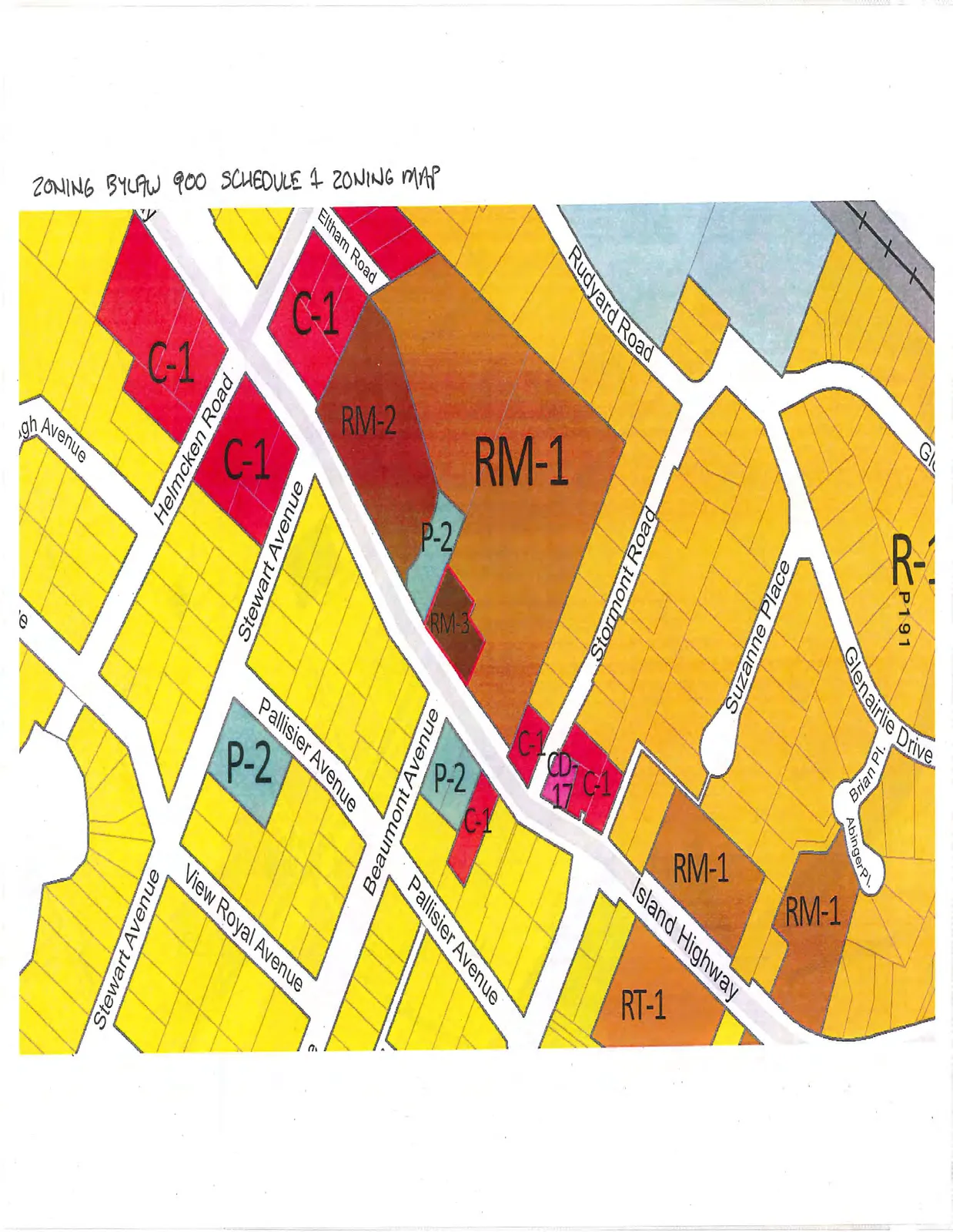 A zoning map showing land parcels and their designations. Street names include Helmcken Road, Eltham Road, Stewart Avenue, Beaumont Avenue, Pallisier Avenue, View Royal Avenue, Rudyard Road, Stormont Road, Suzanne Place, Glenairlie Drive, Brian Pl., Abinger Pl., and Island Highway. Zoning designations shown include C-1, RM-1, RM-2, RM-3, P-2, CD-17, and RT-1.