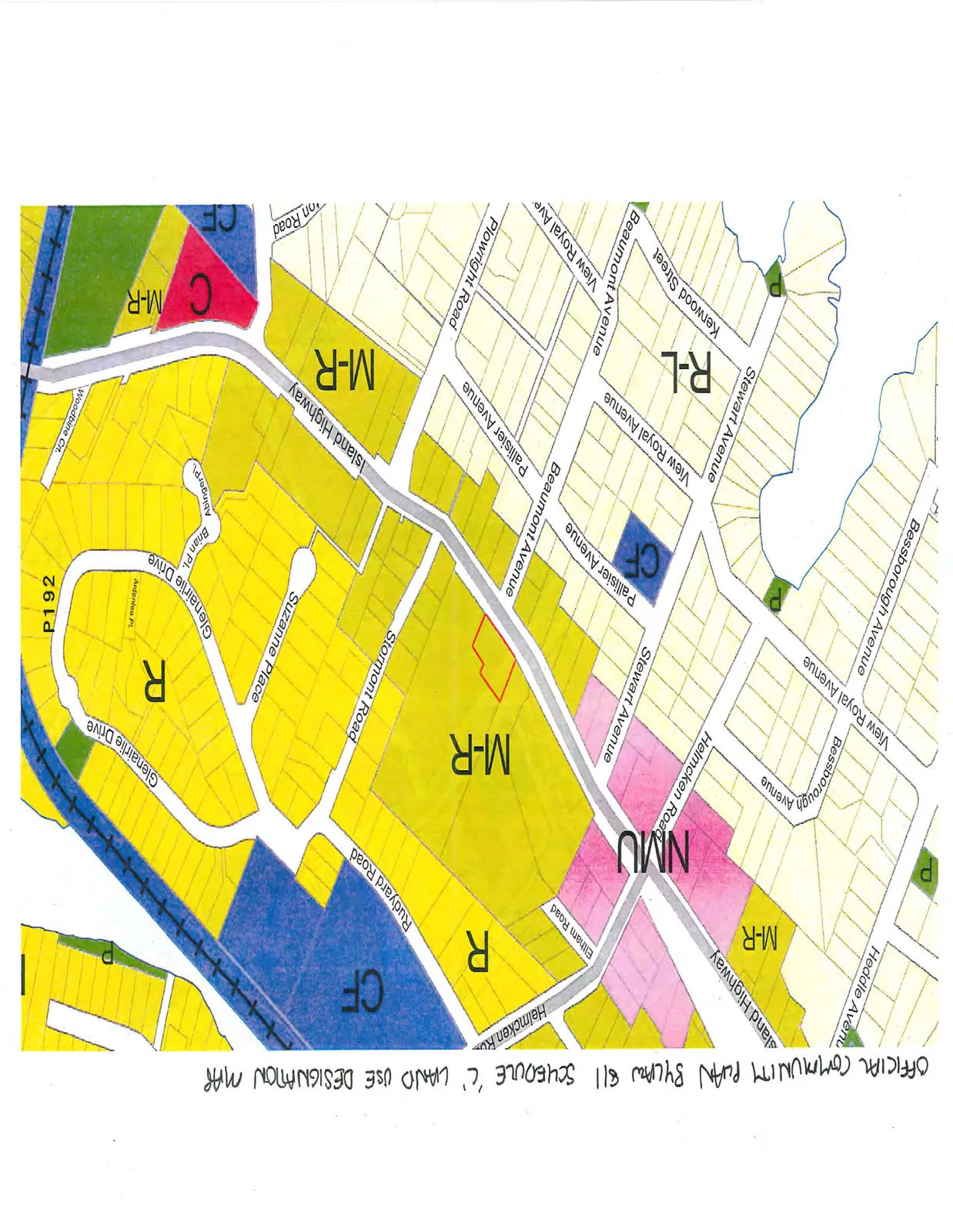 A land use designation map for the same geographical area. Street names include Heddle Avenue, Bessborough Avenue, Helmcken Road, Eltham Road, Rudyard Road, Stormont Road, Suzanne Place, Glenairlie Drive, Ardenlea Pl., Brian Pl., Abinger Pl., Island Highway, Woodbine Ct., Pallisier Avenue, Beaumont Avenue, View Royal Avenue, Stewart Avenue, Kerwood Street, and Plowright Road. Land use designations shown include M-R, NMU, R, CF, and R-L.