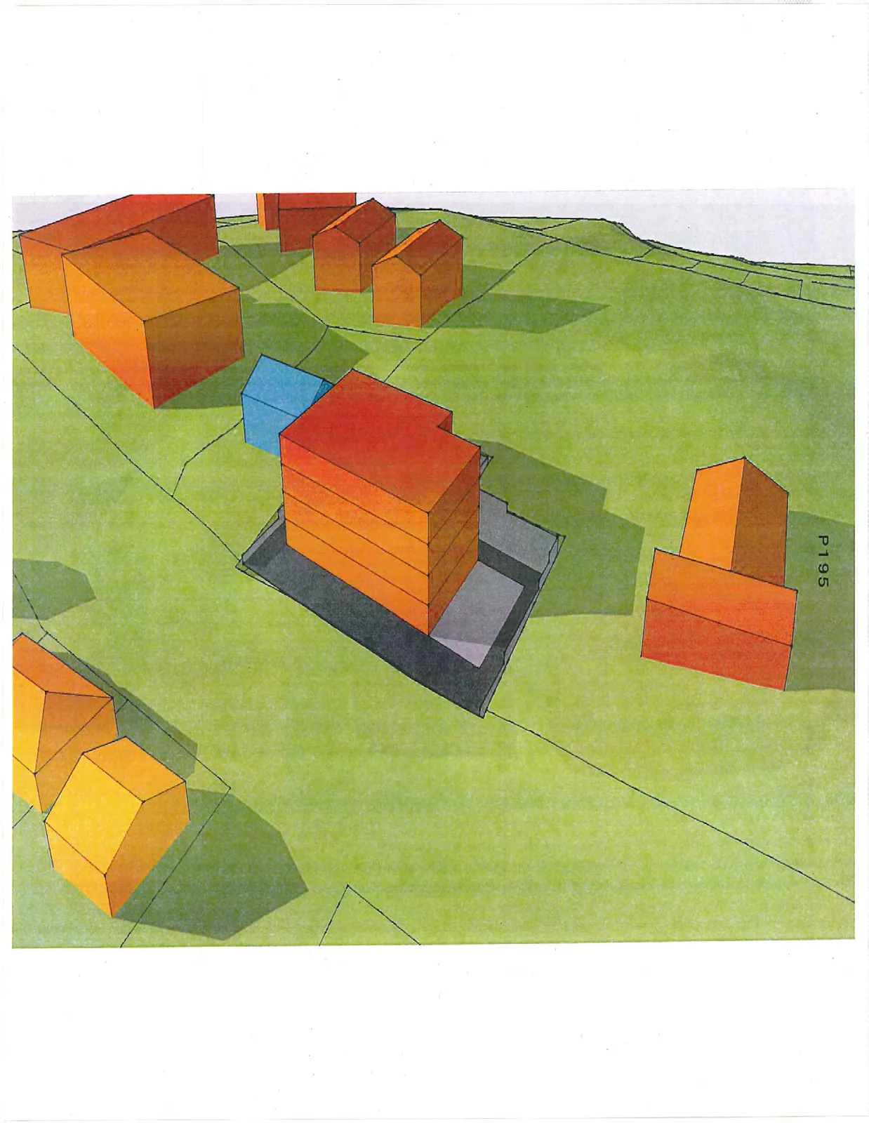 3D perspective rendering of a multi-story tiered building in orange and red tones, adjacent to a smaller blue structure, set within a green landscaped area with surrounding smaller buildings.