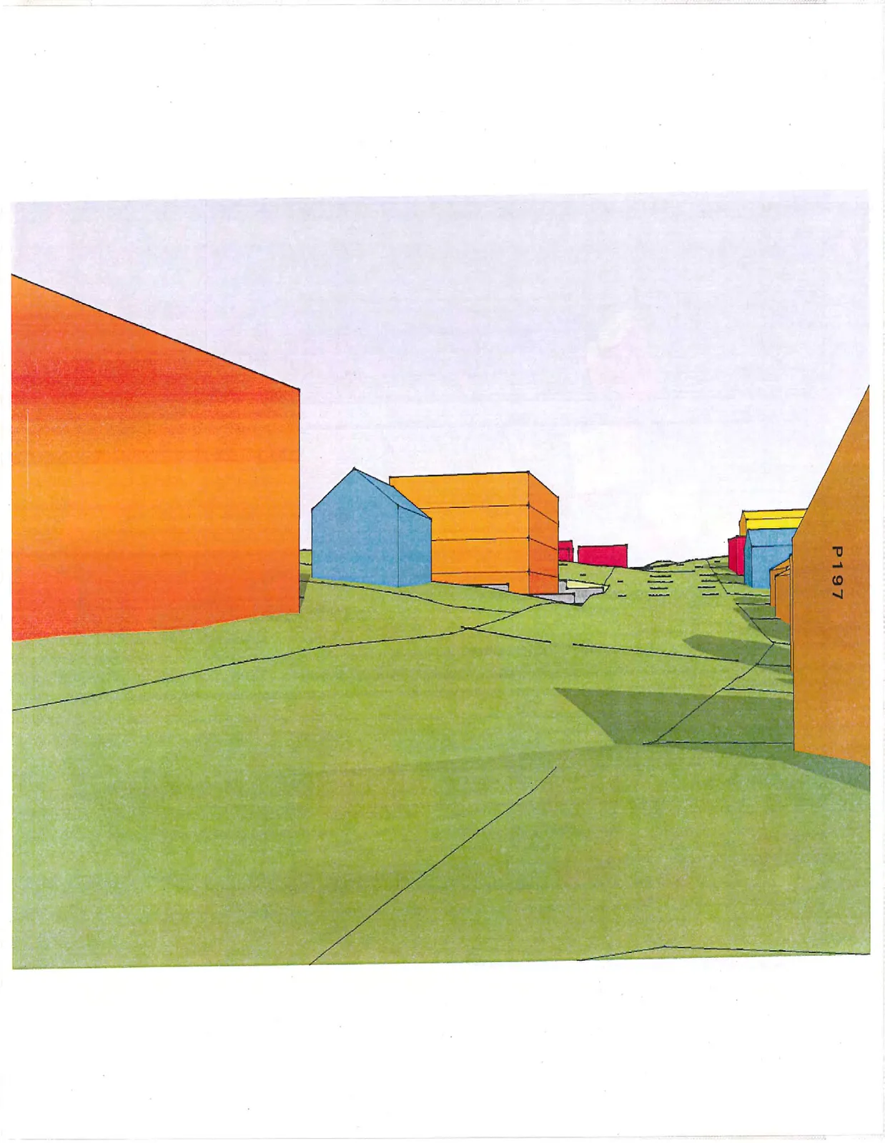 Perspective 3D rendering from a distance across an open green space toward the orange and blue structures.