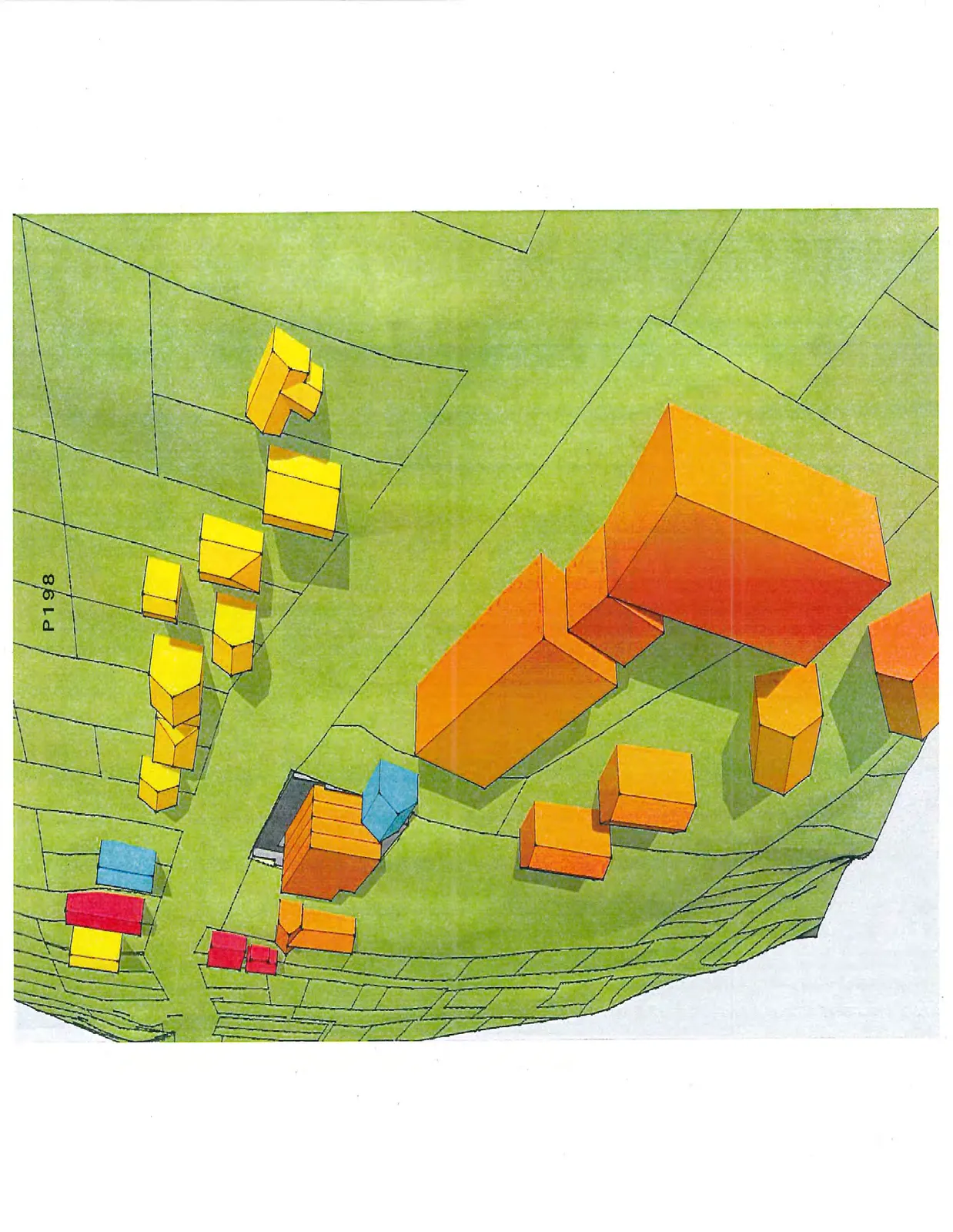 Oblique aerial 3D rendering showing a large cluster of orange, red, blue, and yellow buildings distributed across a sloped green site with boundary lines.
