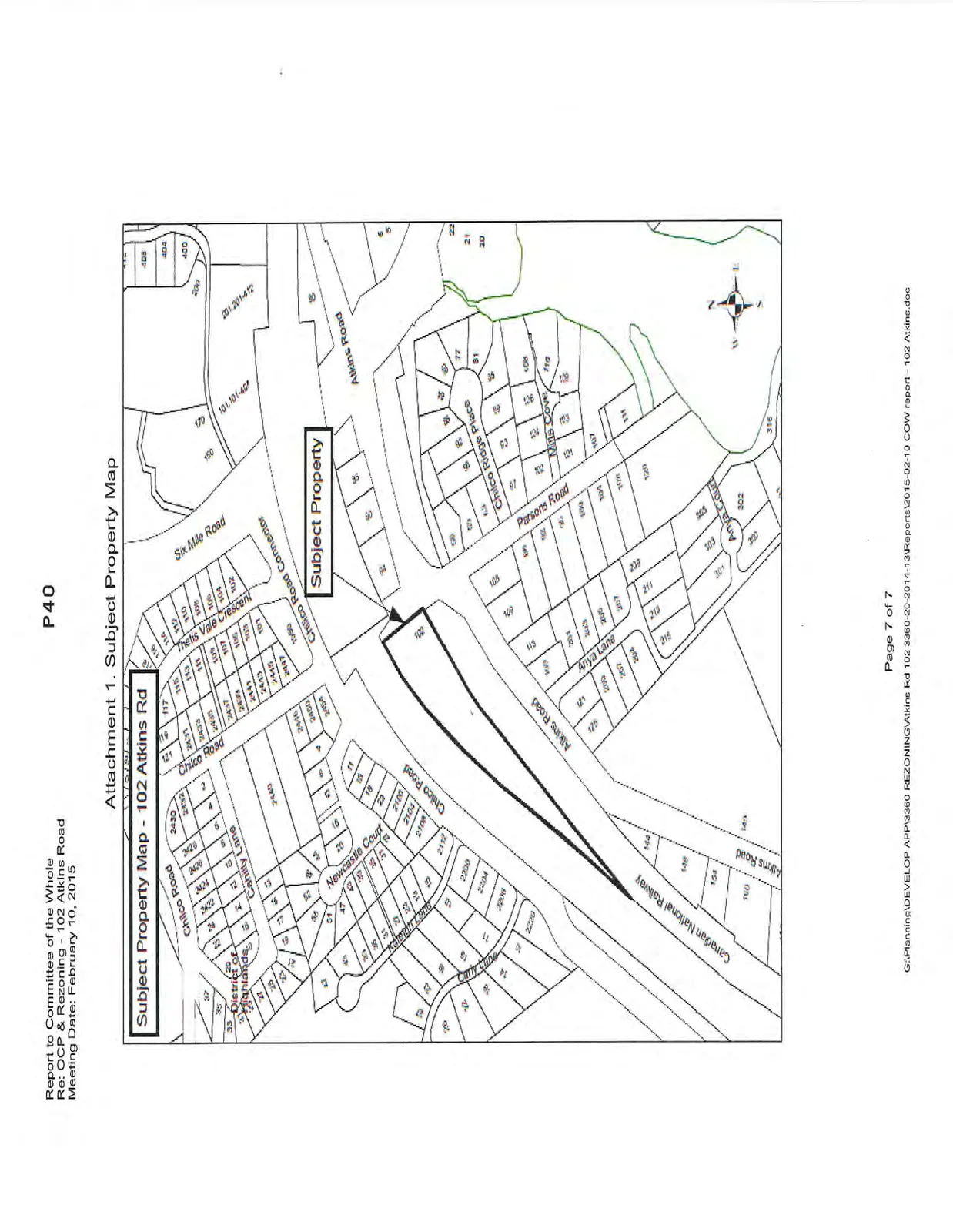 Subject Property Map for 102 Atkins Road, showing the highlighted subject property and surrounding residential lots. The map includes street names such as Chilco Road, Six Mile Road, Atkins Road, Parsons Road, Anya Lane, Newcastle Court, and Cahilty Lane, as well as the Canadian National Railway line.