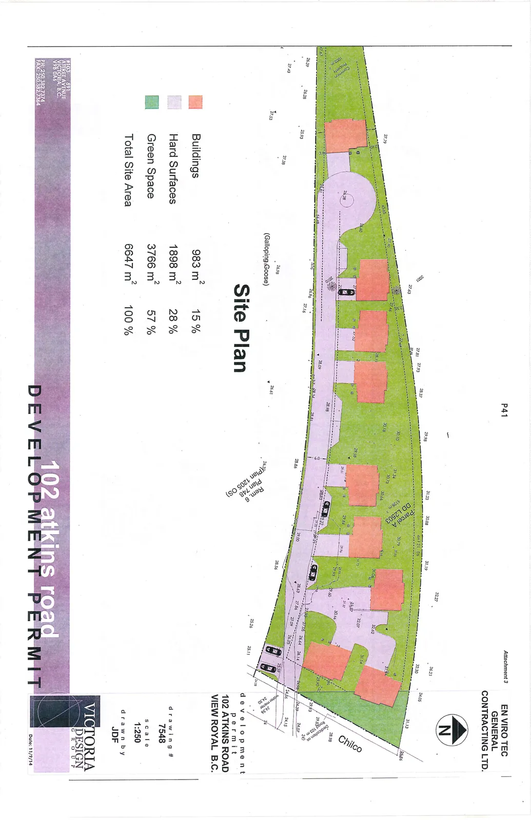 Site Plan map for 102 Atkins Road development showing building layouts, hard surfaces, and green spaces. The site is bounded by the Galloping Goose trail and Chilco road. Key map labels include Parcel A DD L2503, Plan 748, and Plan 1205 OS.