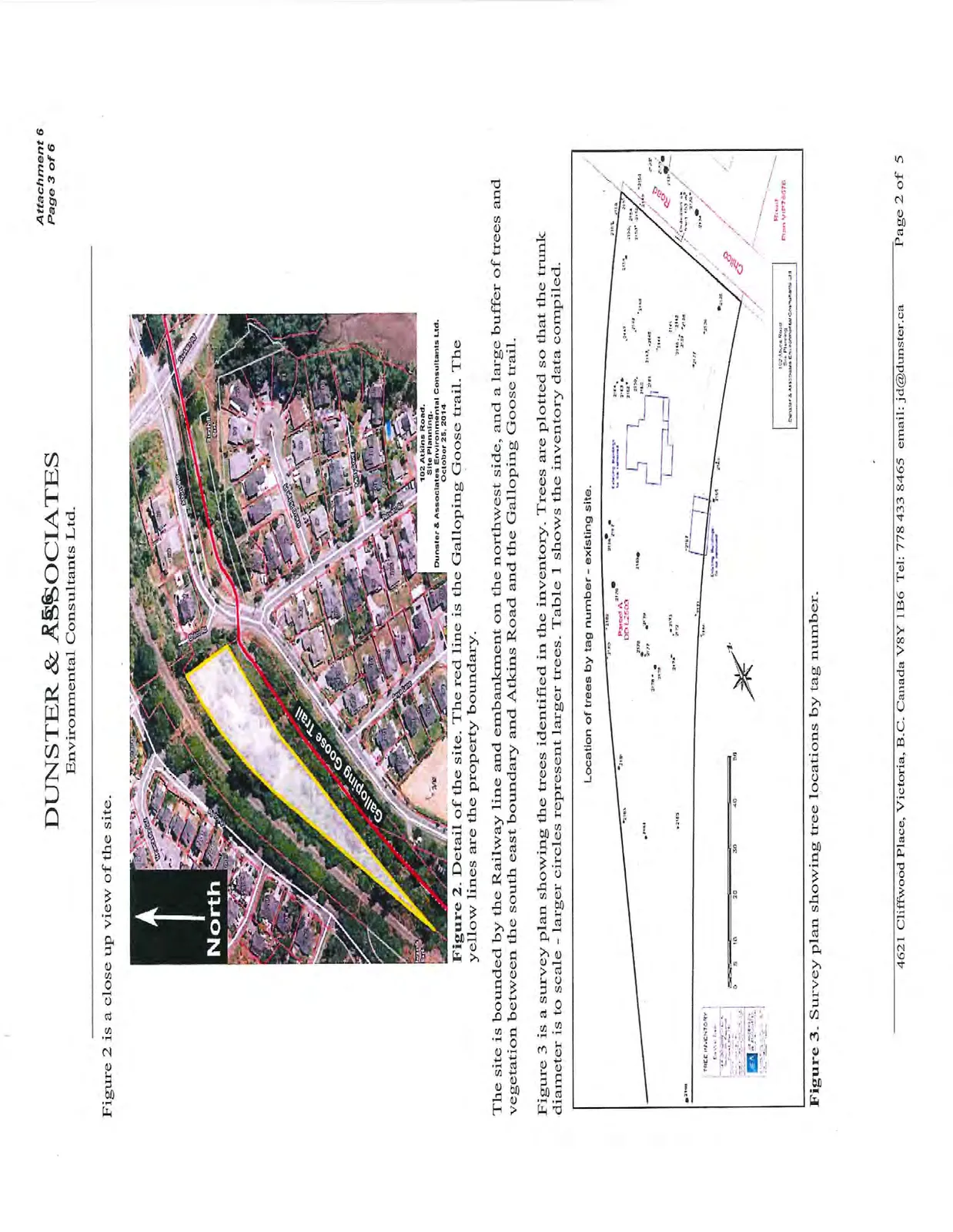 Close up aerial view of the site with property boundaries in yellow and the Galloping Goose Trail in red.