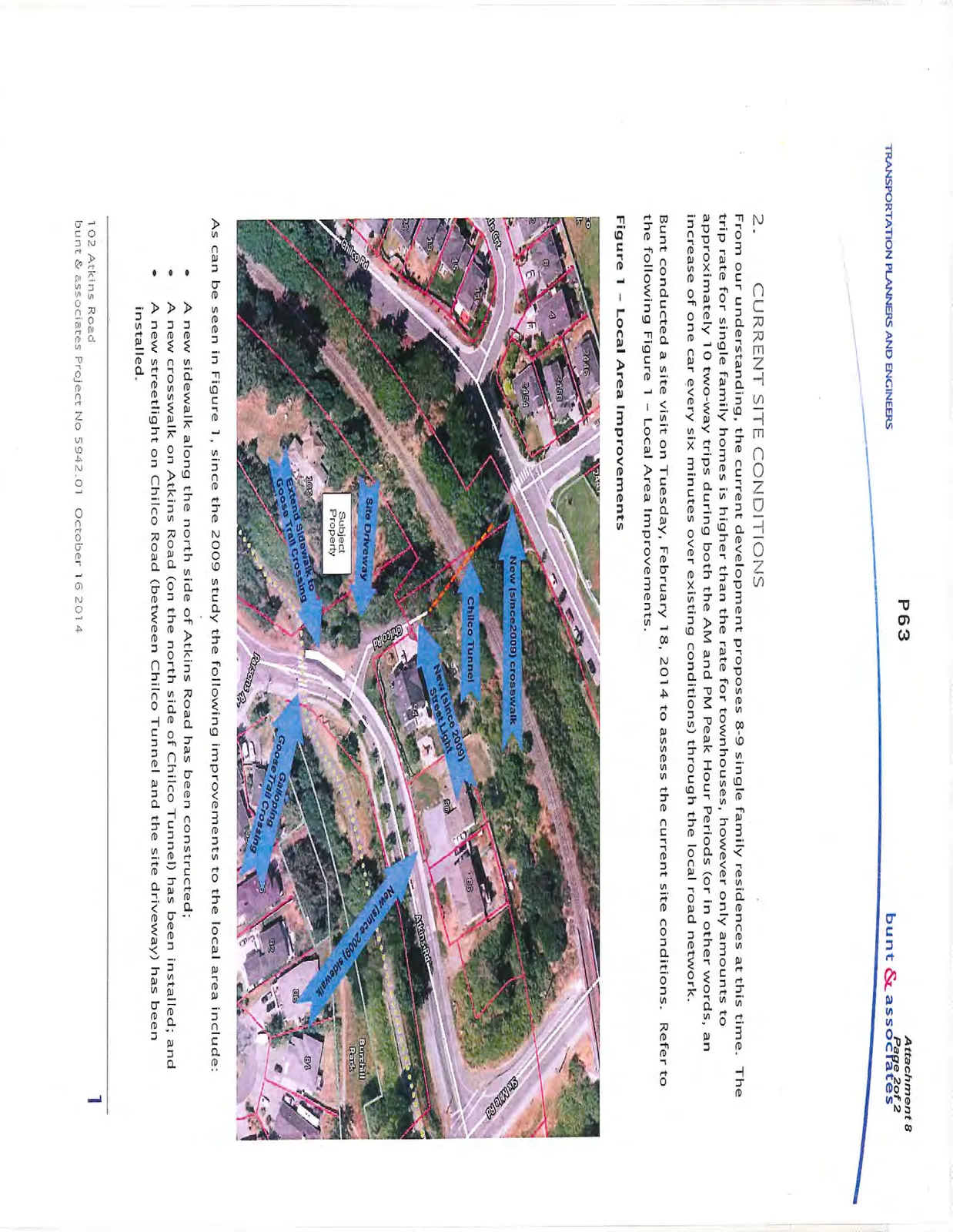 Aerial map showing local area improvements around 102 Atkins Road including the site driveway, new sidewalk, new crosswalk on Atkins Road, and new streetlights