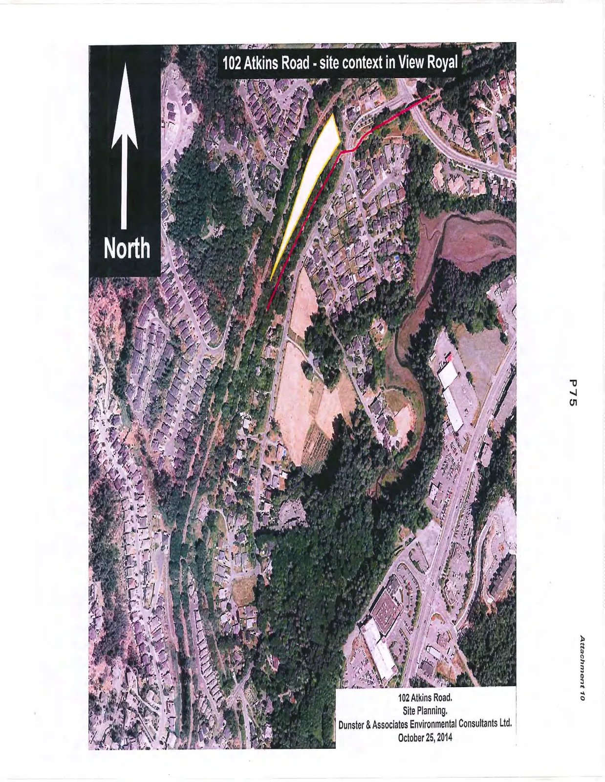 Aerial map showing the site context for 102 Atkins Road in View Royal, with the subject property highlighted in yellow and a north arrow pointing towards the top left.