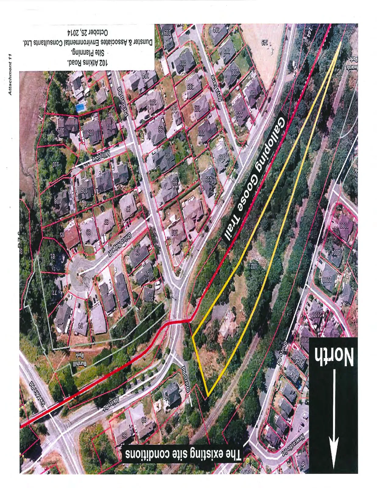 Aerial map showing the existing site conditions for 102 Atkins Road, featuring the project area outlined in yellow, the Galloping Goose Trail, and surrounding streets including Chilco Rd, Atkins Rd, and Six Mile Rd.