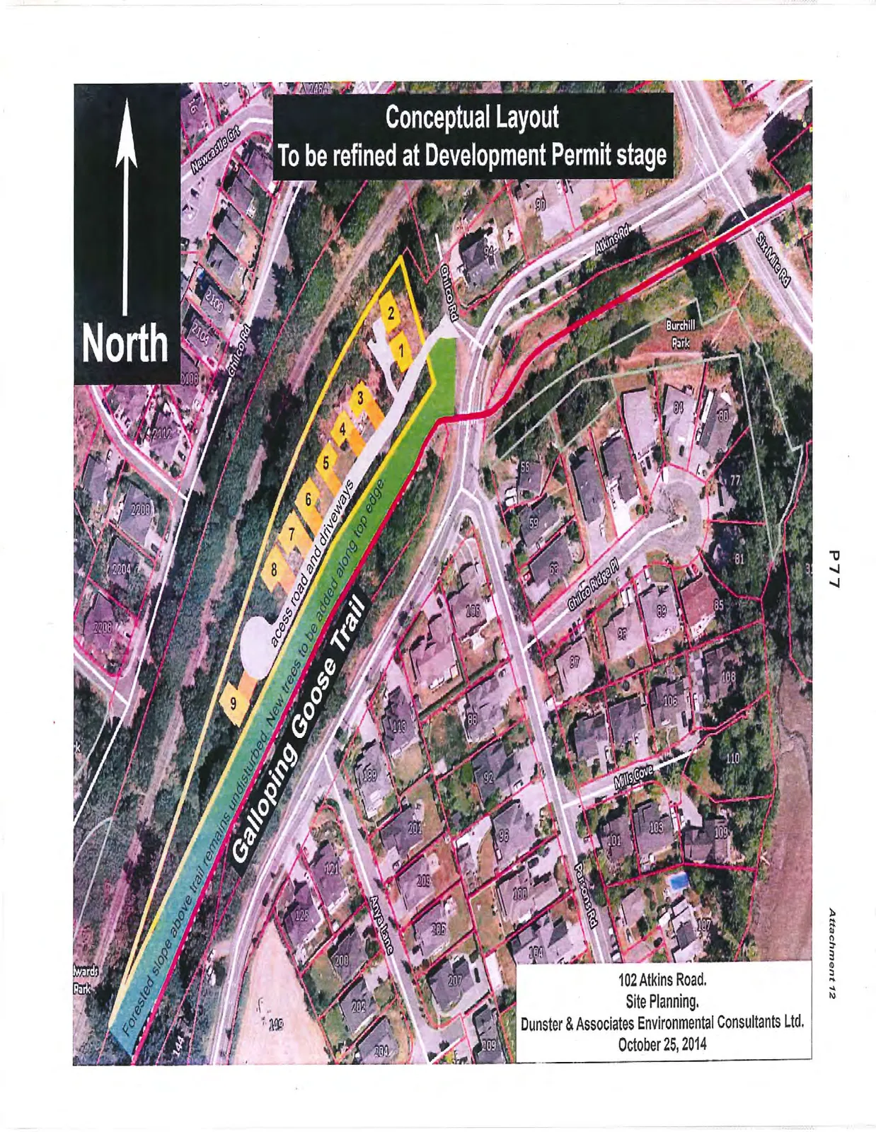 Conceptual layout map for a 9-lot subdivision at 102 Atkins Road, featuring an access road, driveways, and proximity to the Galloping Goose Trail.