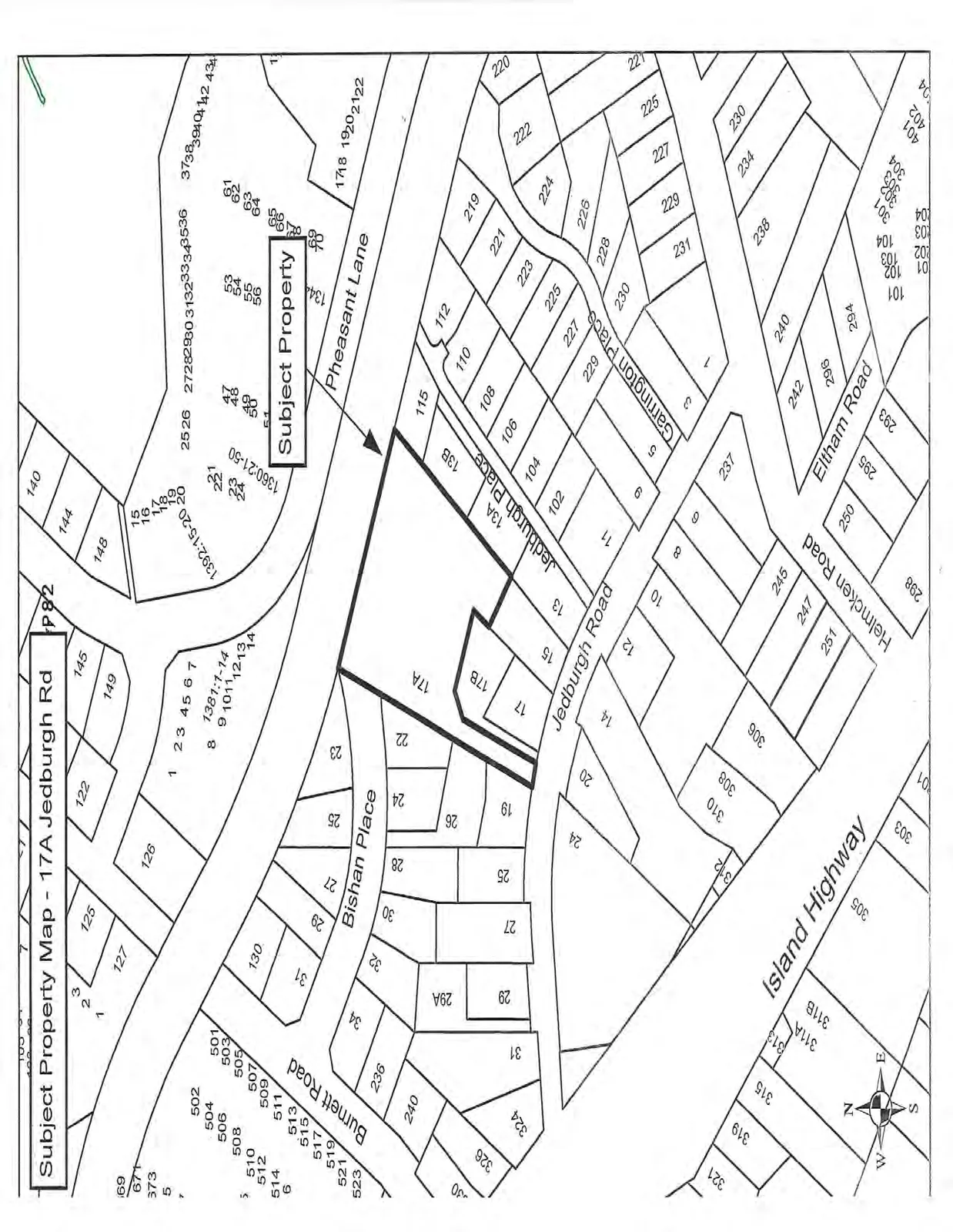 A map showing the subject property at 17A Jedburgh Rd outlined in bold, including surrounding residential lots and streets such as Jedburgh Road, Jedburgh Place, Pheasant Lane, Bishan Place, Burnett Road, and Island Highway.