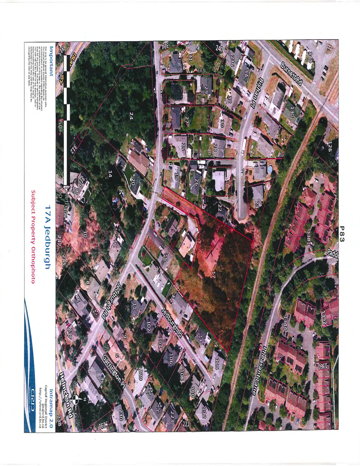 Aerial orthophoto map showing the subject property at 17A Jedburgh highlighted in red. The map displays parcel boundaries, building footprints, and address numbers for the surrounding neighborhood. Streets labeled include Burnett Rd, Bishan Pl, Pheasant Lane, Jedburgh Pl, Jedburgh Rd, Garrington Pl, Helmcken Rd, and Isla Wy.