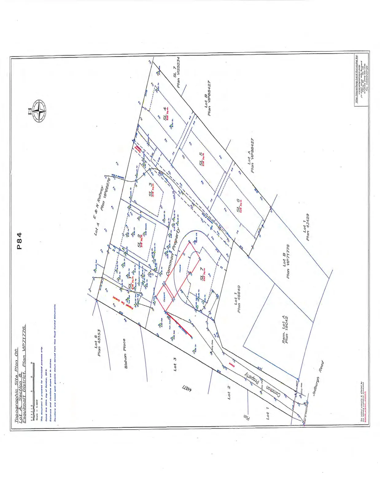 Topographic site plan of Lot A, Section 8 showing strata lots SL 1 through SL 7, common property access, and surrounding parcels including Bishan Place, Jedburgh Road, and the E & N Railway.