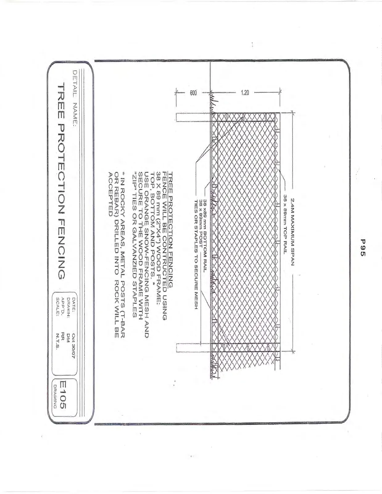Technical drawing for tree protection fencing detail. The diagram shows a 1.20m high fence with a 2.4m maximum span between 38 x 89mm posts. It features a 38 x 89mm top rail and a 38 x 89mm bottom rail, with orange snow-fencing mesh secured to the frame with ties or staples. Posts are embedded 600mm into the ground.