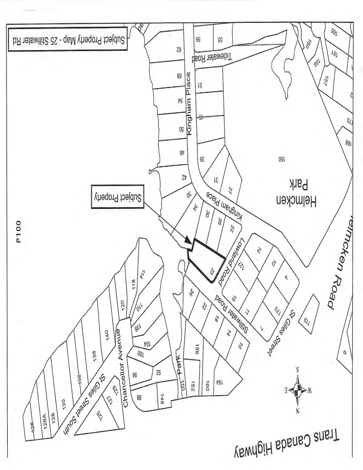 Parcel map showing the location of the subject property at 25 Stillwater Road. The property is situated between Stillwater Road and Kingham Place, adjacent to Helmcken Park. Surrounding streets include Trans Canada Highway, Helmcken Road, St Giles Street, St Giles Street South, Lowland Road, Tidewater Road, and Chancellor Avenue.