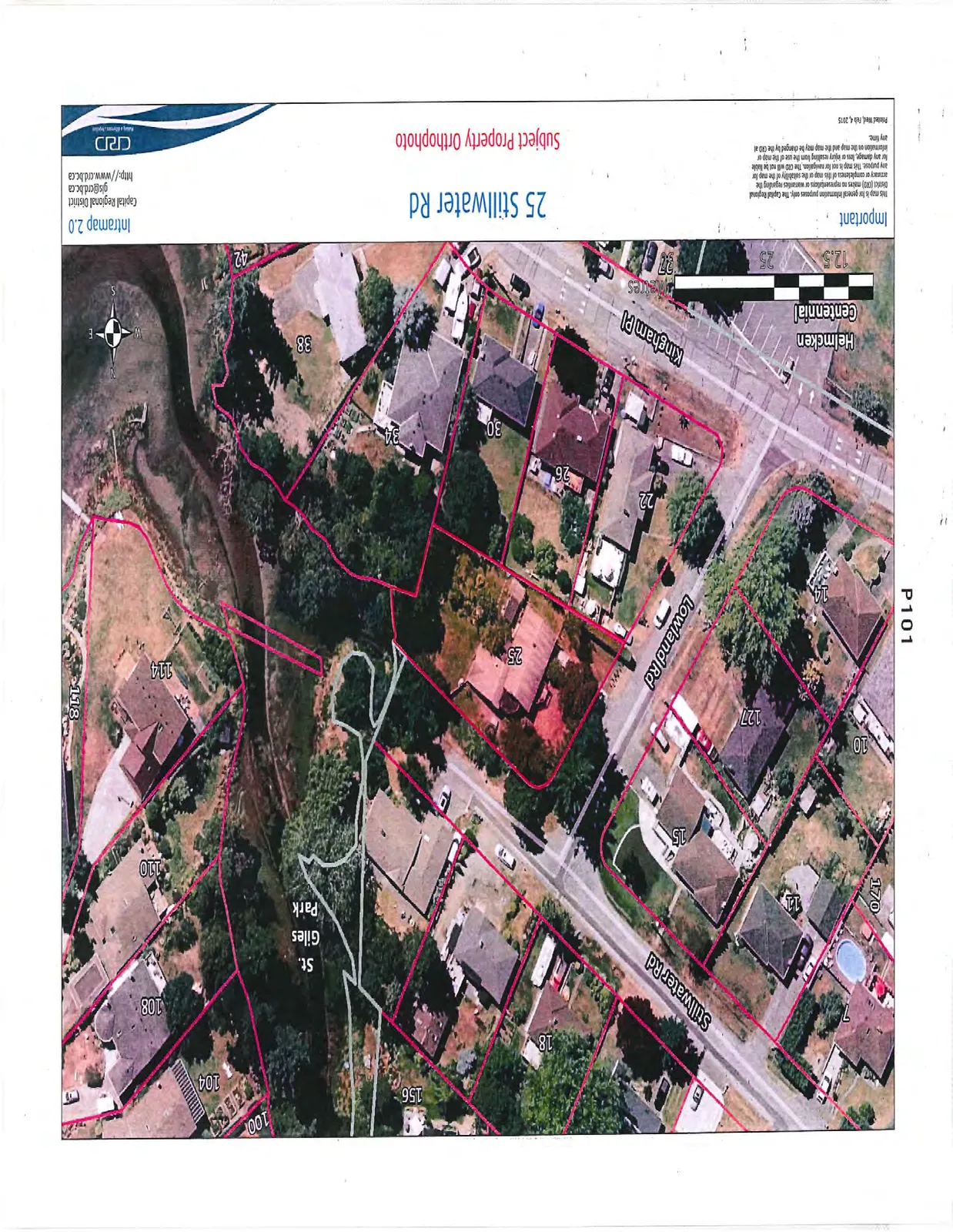Aerial orthophoto map highlighting property boundaries for 25 Stillwater Rd and surrounding parcels, including those on Lowland Rd, Kingham Pl, and adjacent to St. Giles Park.