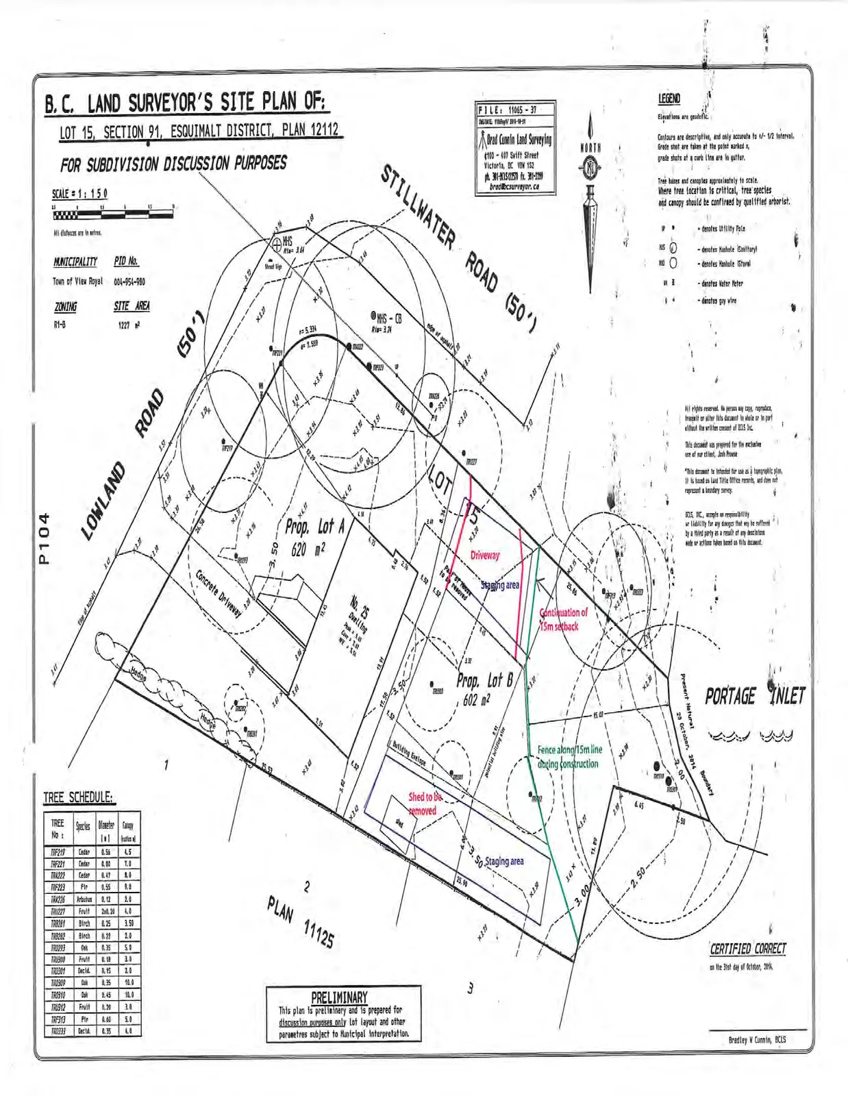 Site plan showing proposed subdivision of Lot 15 into Prop. Lot A (620 m²) and Prop. Lot B (602 m²). The plan details existing structures at No. 25, proposed staging areas, setbacks, and proximity to Lowland Road, Stillwater Road, and Portage Inlet.