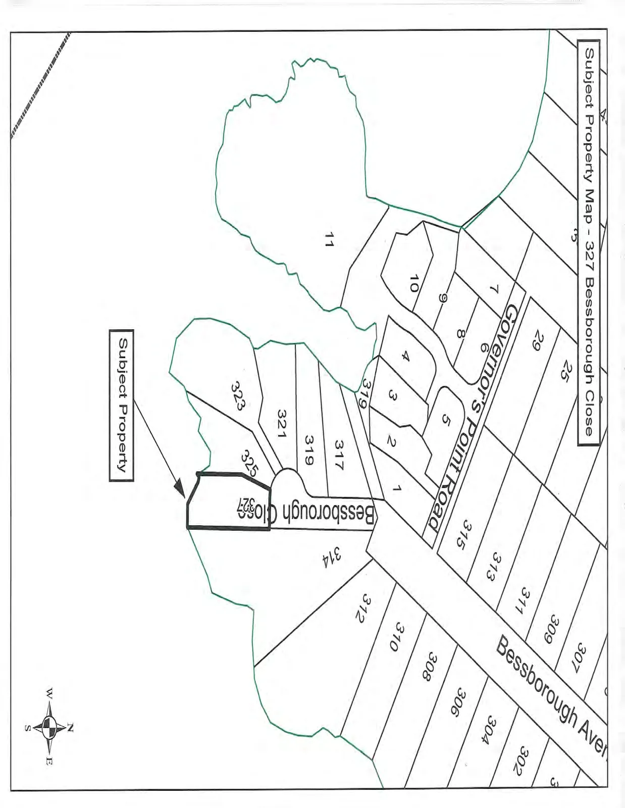 Map showing the subject property located at 327 Bessborough Close. The map details surrounding parcels along Governor’s Point Road, Bessborough Avenue, and Bessborough Close. An arrow indicates the "Subject Property" at lot 327 on Bessborough Close.